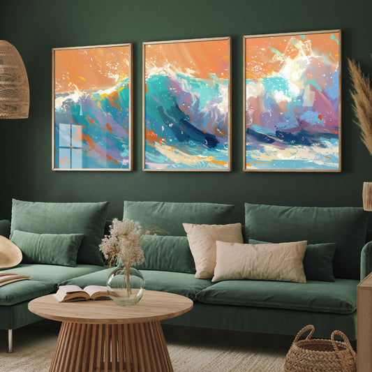 Set of Three Great Wave Art Prints - Japanese Ocean Triptych - 3 Nautical Posters Hokusai Style Illustration Wall Décor