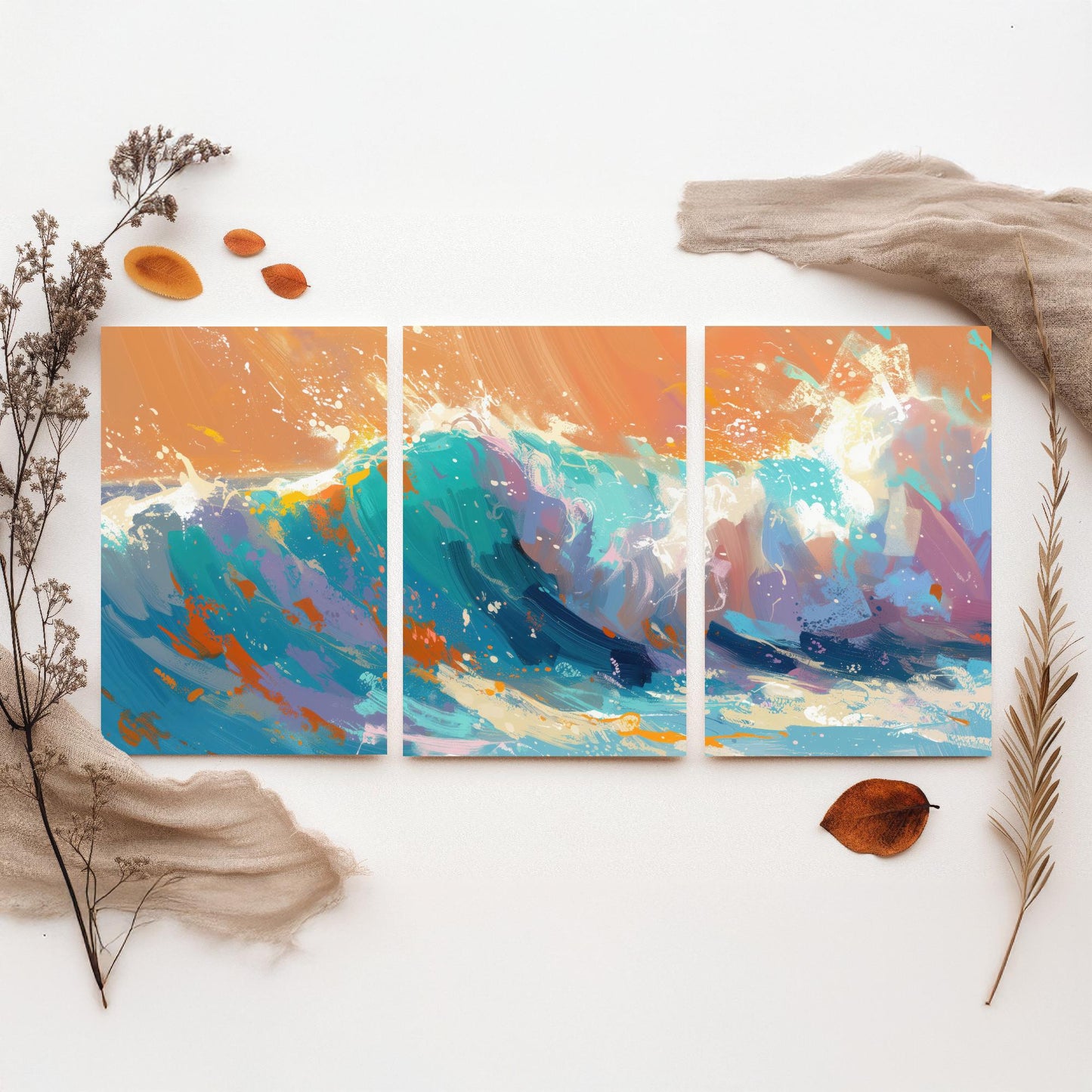 Set of Three Great Wave Art Prints - Japanese Ocean Triptych - 3 Nautical Posters Hokusai Style Illustration Wall Décor