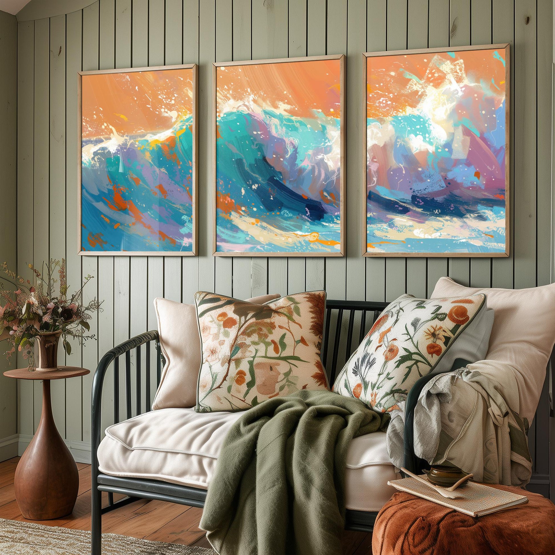 Set of Three Great Wave Art Prints - Japanese Ocean Triptych - 3 Nautical Posters Hokusai Style Illustration Wall Décor