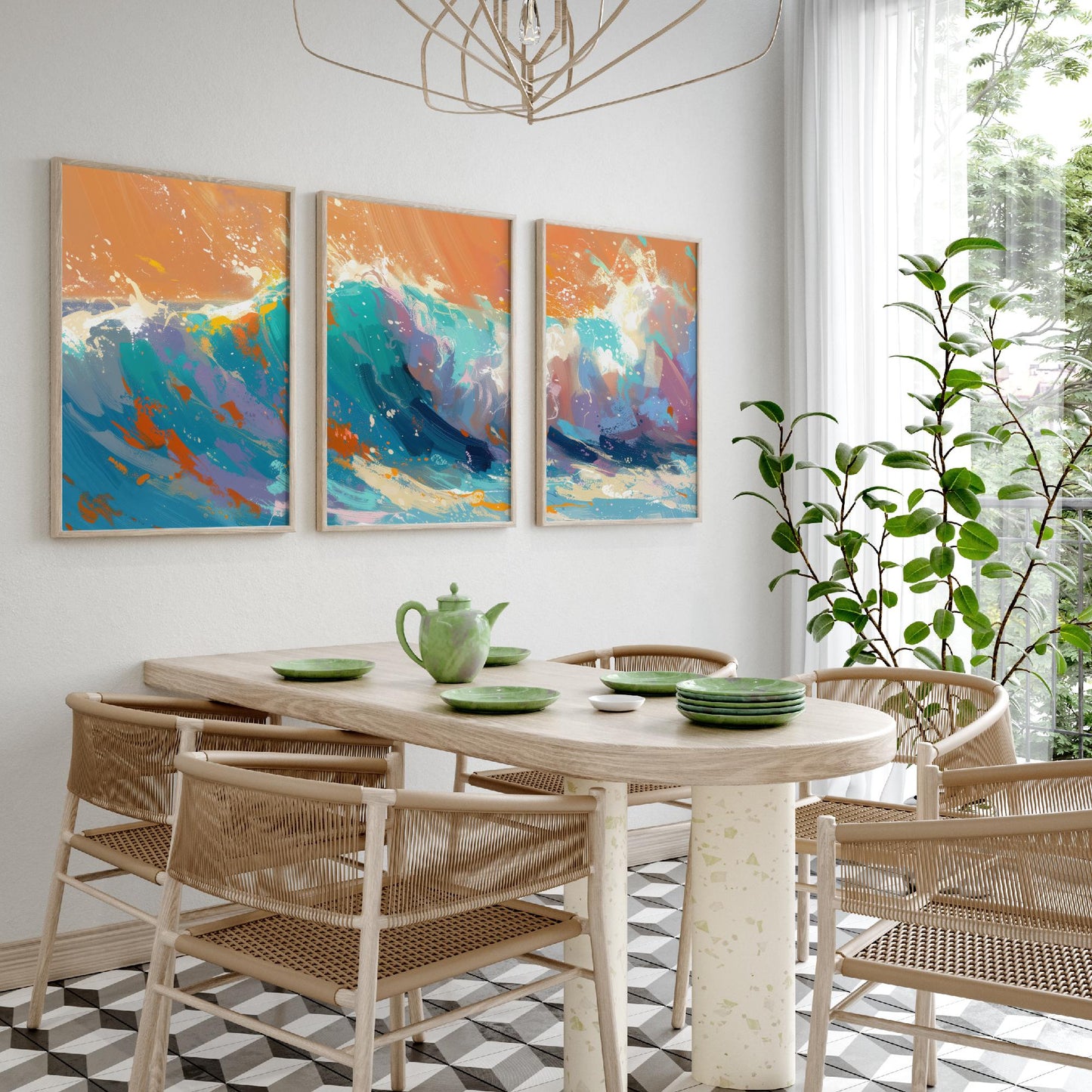 Set of Three Great Wave Art Prints - Japanese Ocean Triptych - 3 Nautical Posters Hokusai Style Illustration Wall Décor