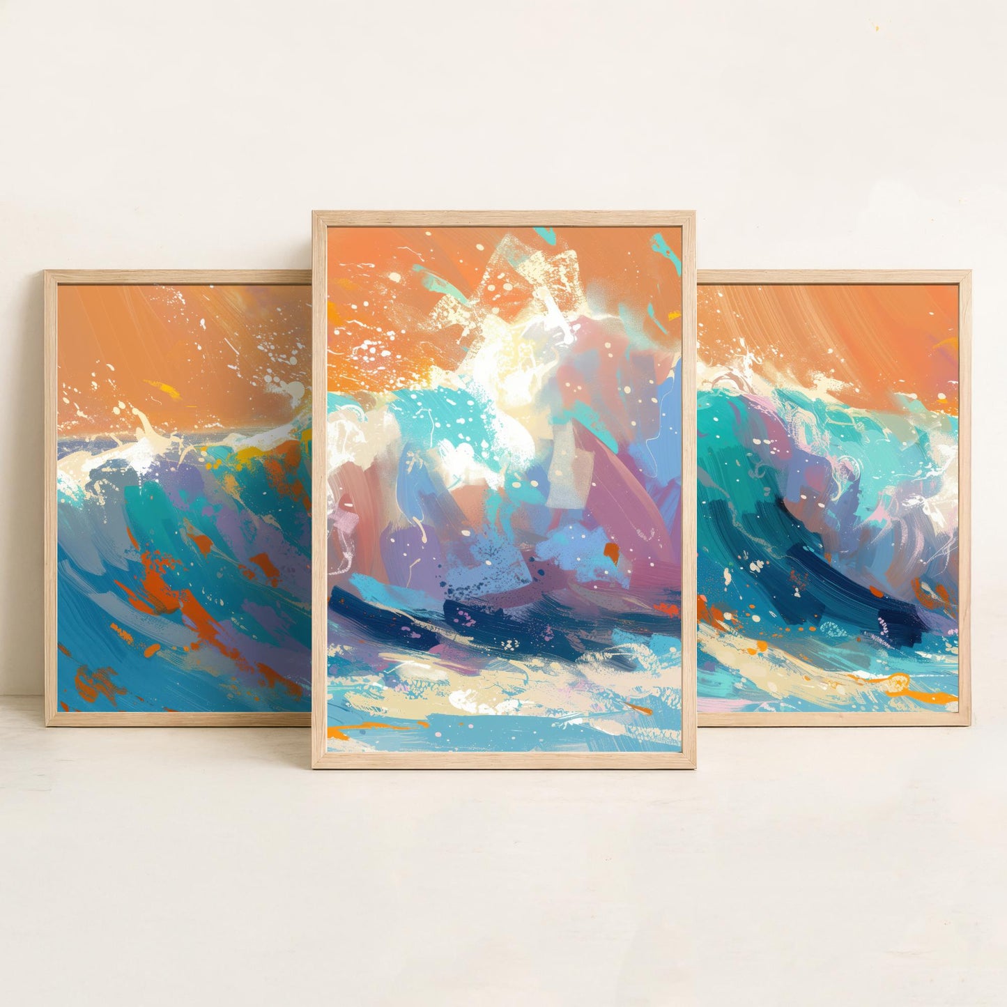 Set of Three Great Wave Art Prints - Japanese Ocean Triptych - 3 Nautical Posters Hokusai Style Illustration Wall Décor