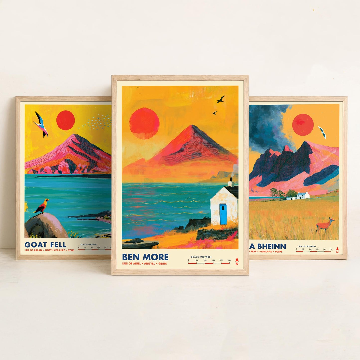 Scottish Island Peaks Set of Three Travel Posters - Goat Fell, Bla Bheinn, Ben More - Vibrant Art Print Illustration Gift