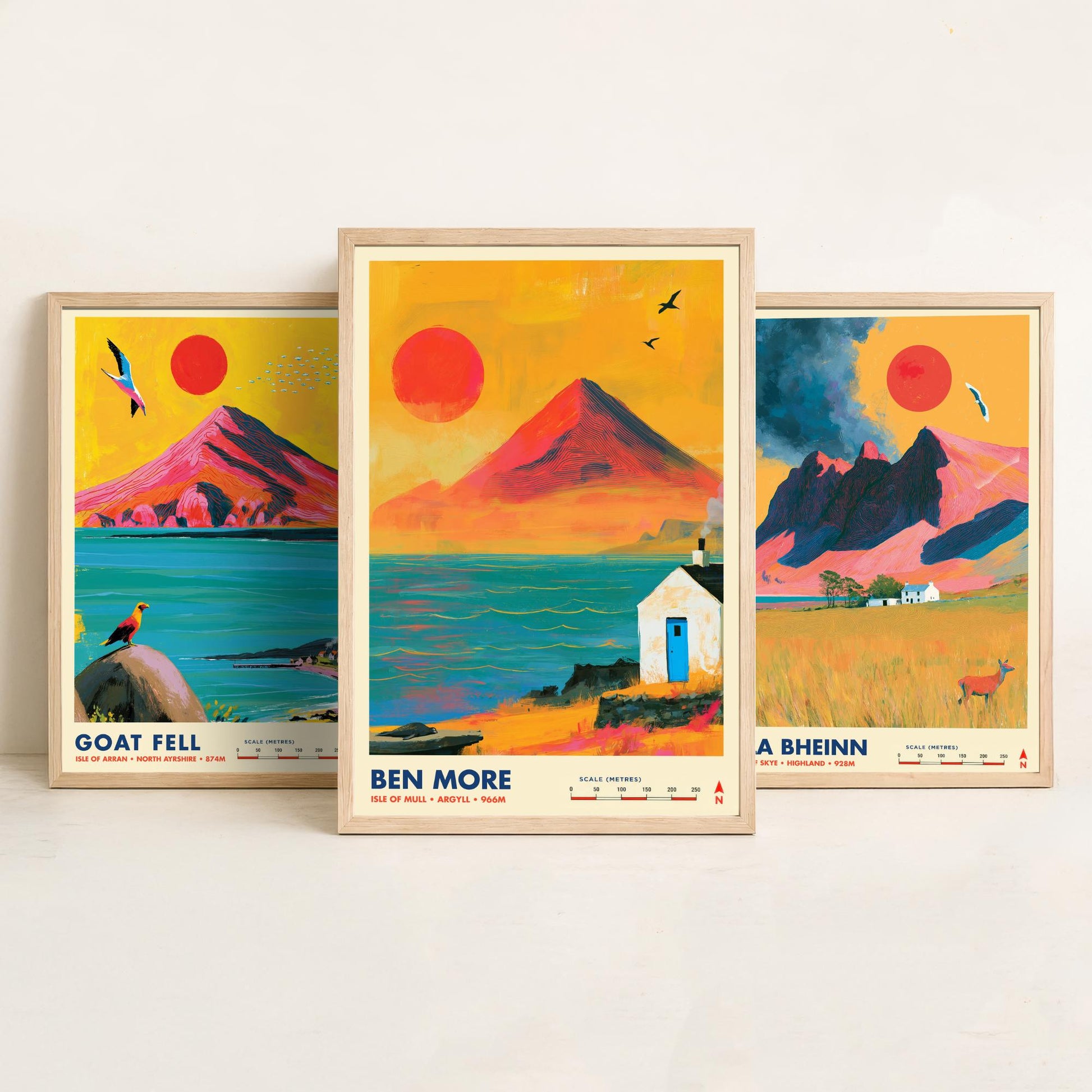 Scottish Island Peaks Set of Three Travel Posters - Goat Fell, Bla Bheinn, Ben More - Vibrant Art Print Illustration Gift