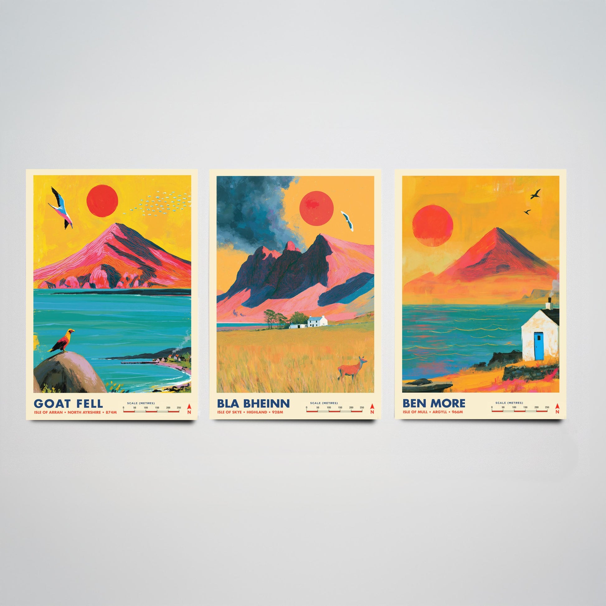 Scottish Island Peaks Set of Three Travel Posters - Goat Fell, Bla Bheinn, Ben More - Vibrant Art Print Illustration Gift