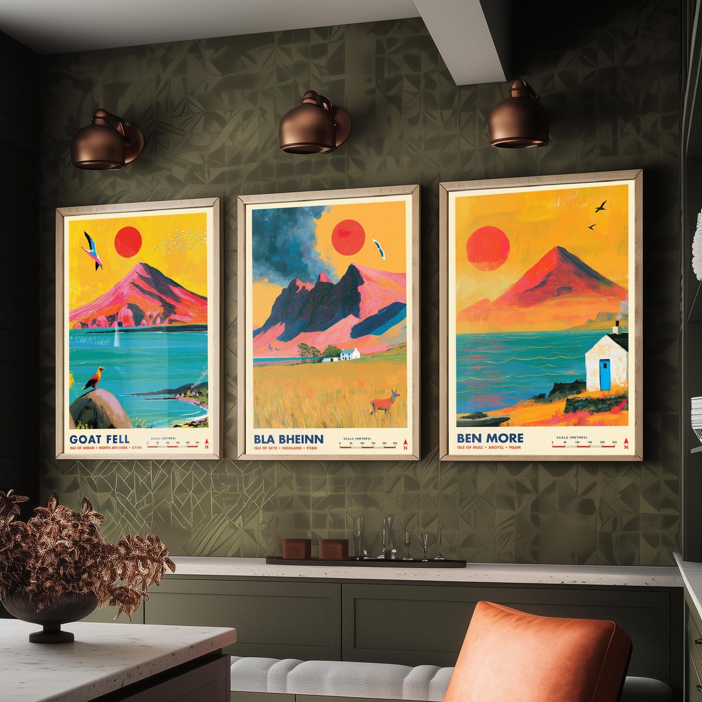 Scottish Island Peaks Set of Three Travel Posters - Goat Fell, Bla Bheinn, Ben More - Vibrant Art Print Illustration Gift