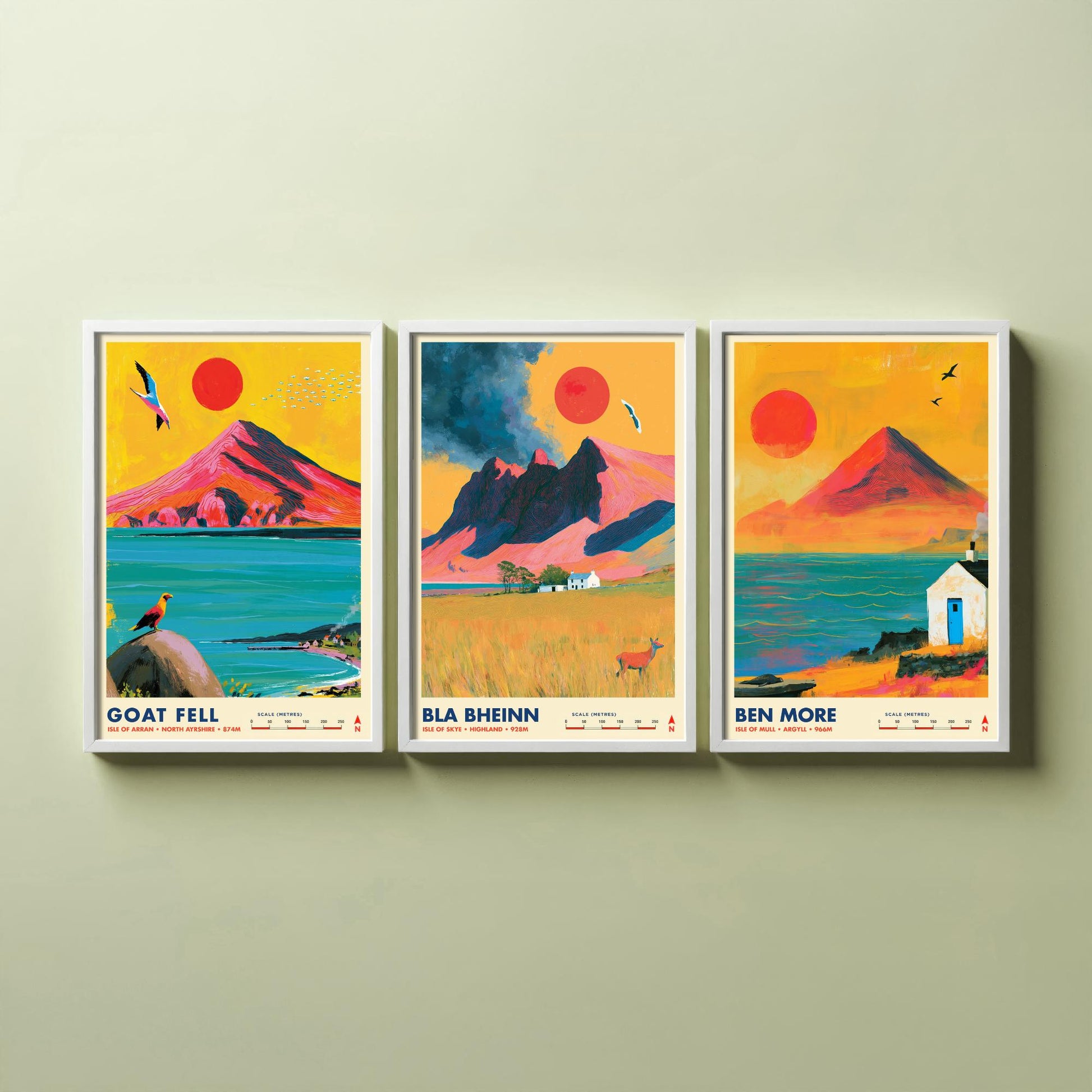 Scottish Island Peaks Set of Three Travel Posters - Goat Fell, Bla Bheinn, Ben More - Vibrant Art Print Illustration Gift