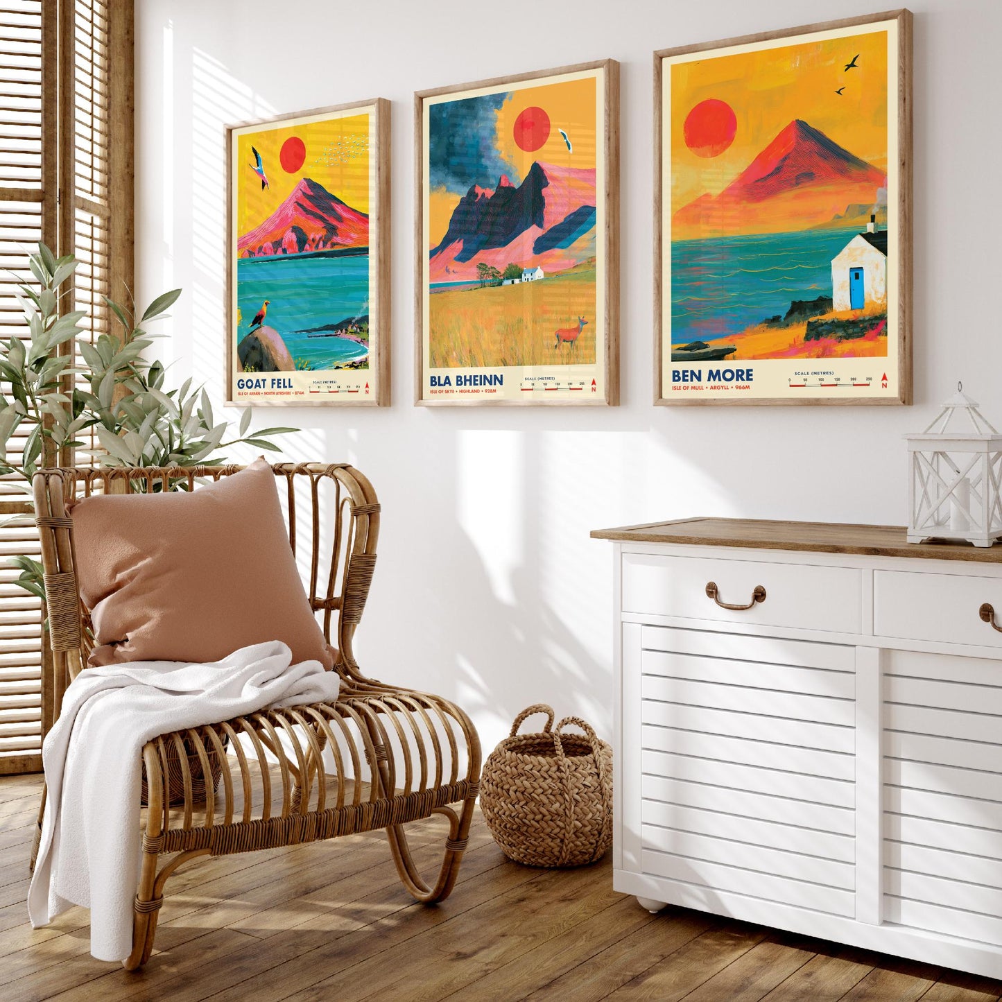 Scottish Island Peaks Set of Three Travel Posters - Goat Fell, Bla Bheinn, Ben More - Vibrant Art Print Illustration Gift