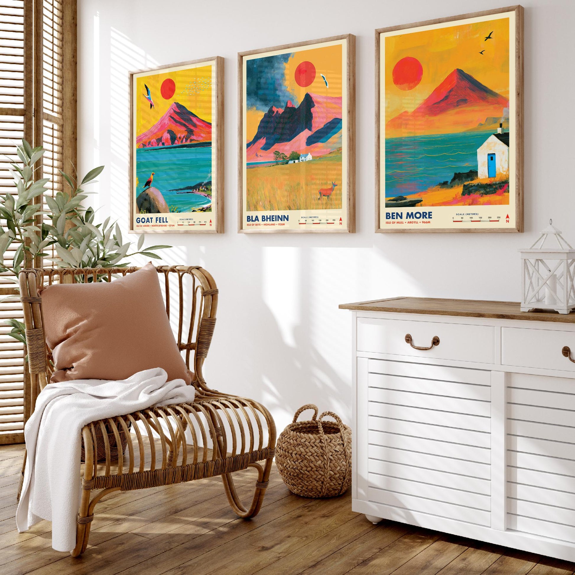 Scottish Island Peaks Set of Three Travel Posters - Goat Fell, Bla Bheinn, Ben More - Vibrant Art Print Illustration Gift