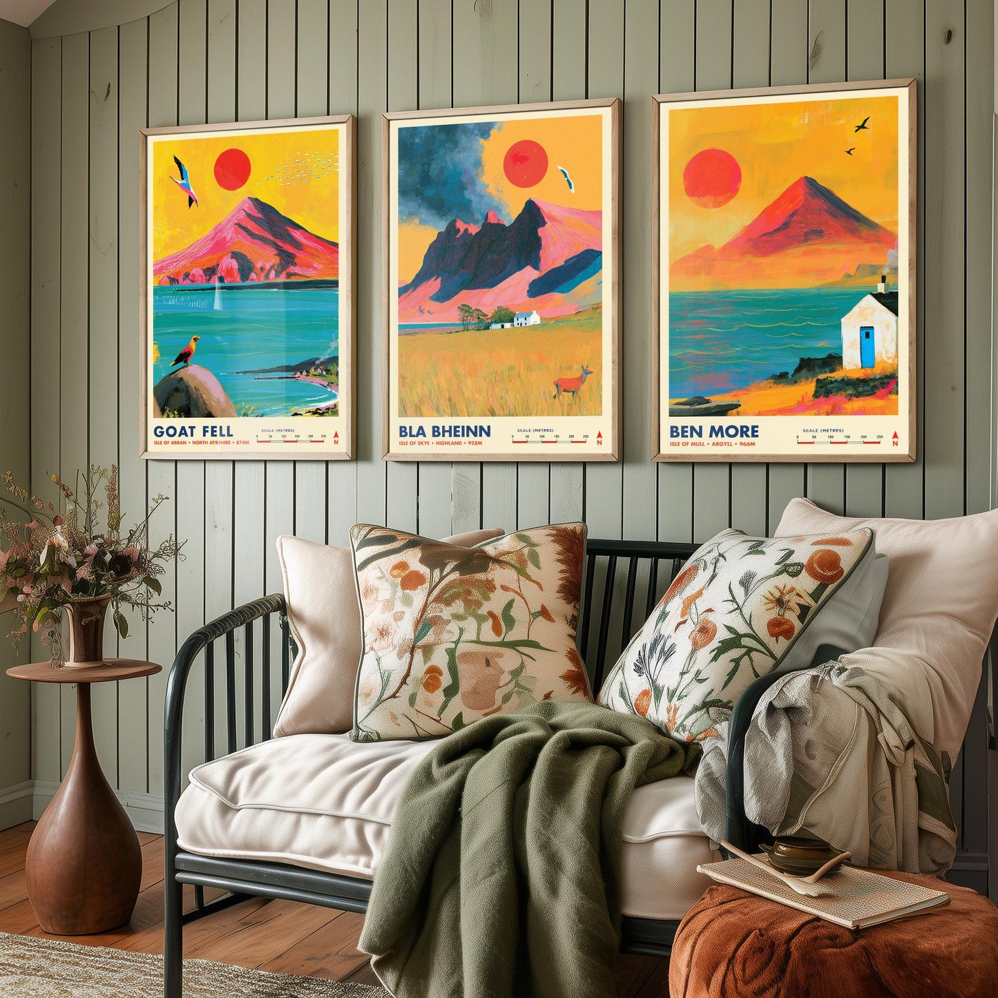 Scottish Island Peaks Set of Three Travel Posters - Goat Fell, Bla Bheinn, Ben More - Vibrant Art Print Illustration Gift