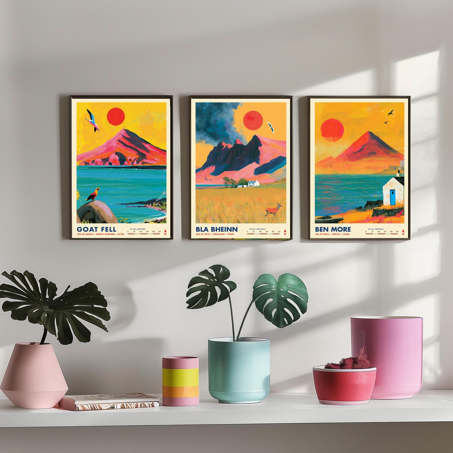 Scottish Island Peaks Set of Three Travel Posters - Goat Fell, Bla Bheinn, Ben More - Vibrant Art Print Illustration Gift