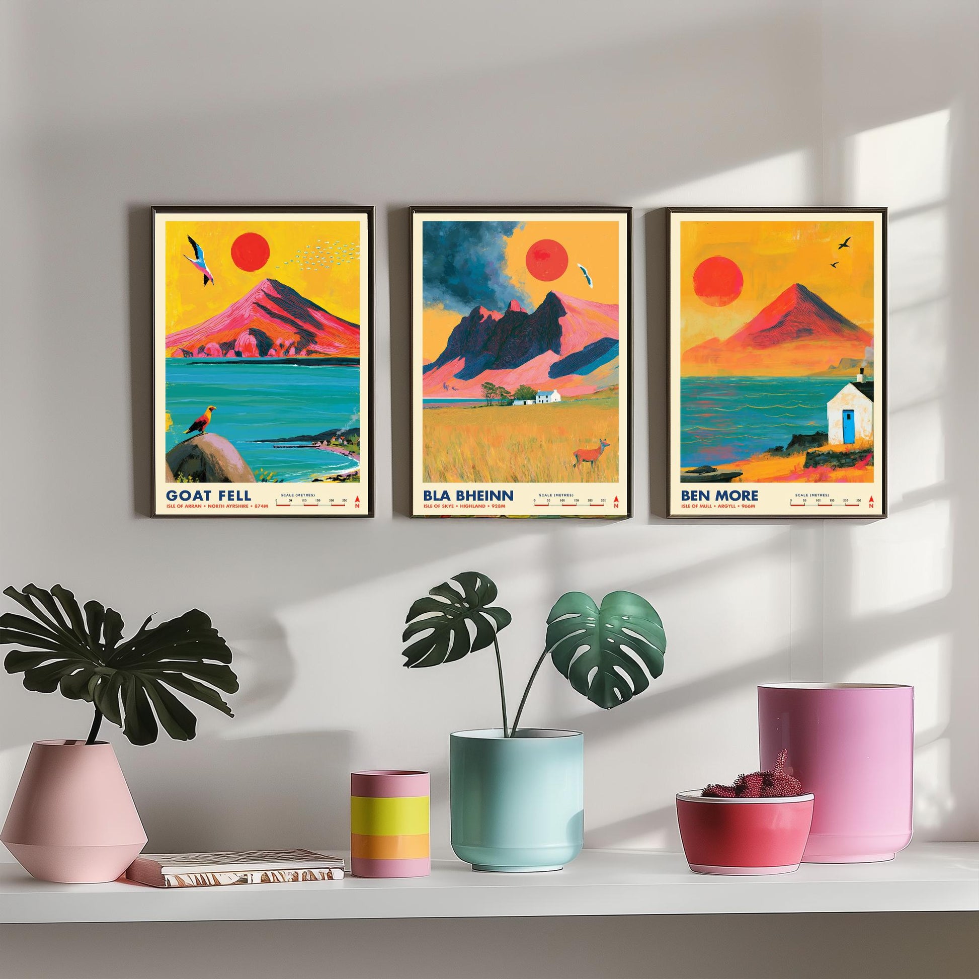 Scottish Island Peaks Set of Three Travel Posters - Goat Fell, Bla Bheinn, Ben More - Vibrant Art Print Illustration Gift