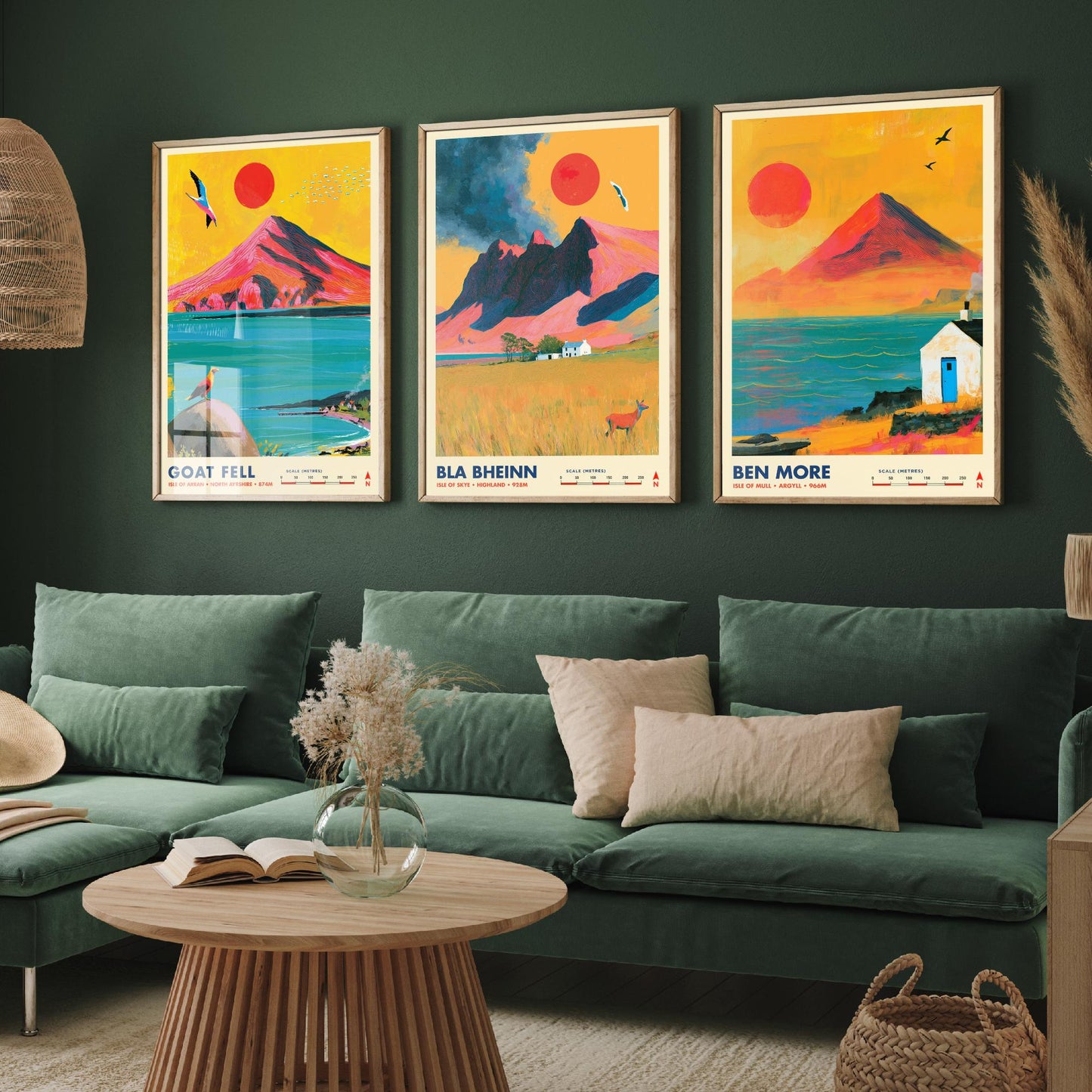 Scottish Island Peaks Set of Three Travel Posters - Goat Fell, Bla Bheinn, Ben More - Vibrant Art Print Illustration Gift