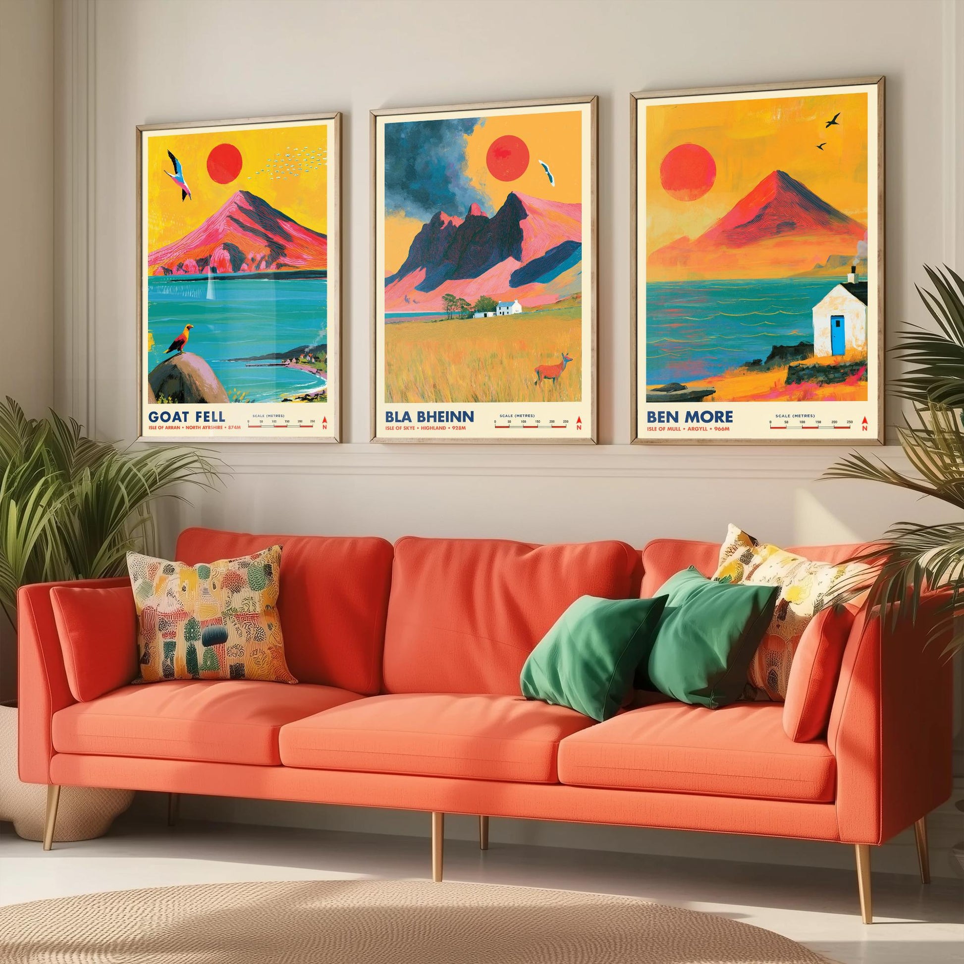 Scottish Island Peaks Set of Three Travel Posters - Goat Fell, Bla Bheinn, Ben More - Vibrant Art Print Illustration Gift