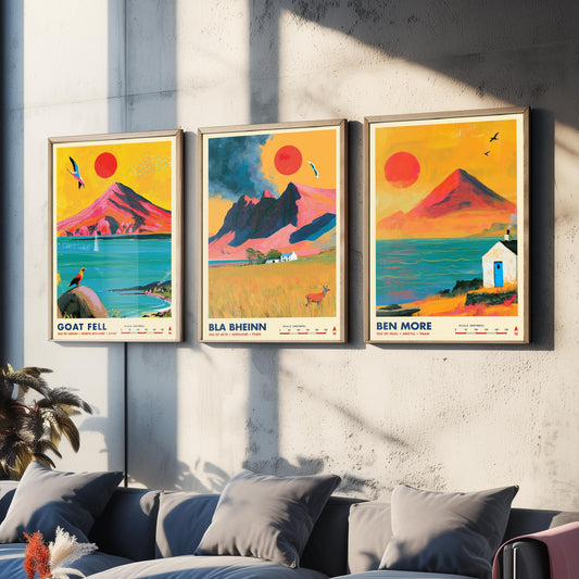 Scottish Island Peaks Set of Three Travel Posters - Goat Fell, Bla Bheinn, Ben More - Vibrant Art Print Illustration Gift