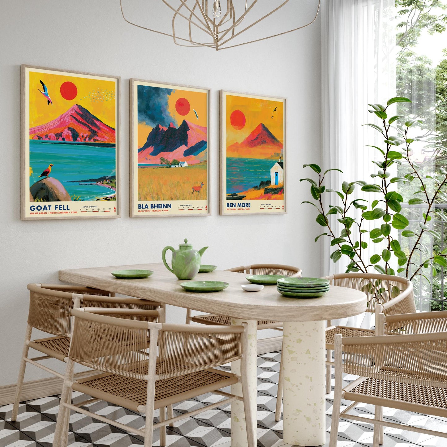 Scottish Island Peaks Set of Three Travel Posters - Goat Fell, Bla Bheinn, Ben More - Vibrant Art Print Illustration Gift