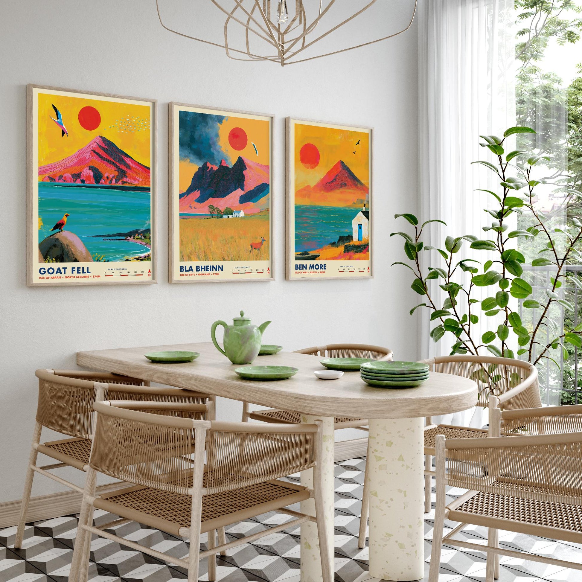 Scottish Island Peaks Set of Three Travel Posters - Goat Fell, Bla Bheinn, Ben More - Vibrant Art Print Illustration Gift