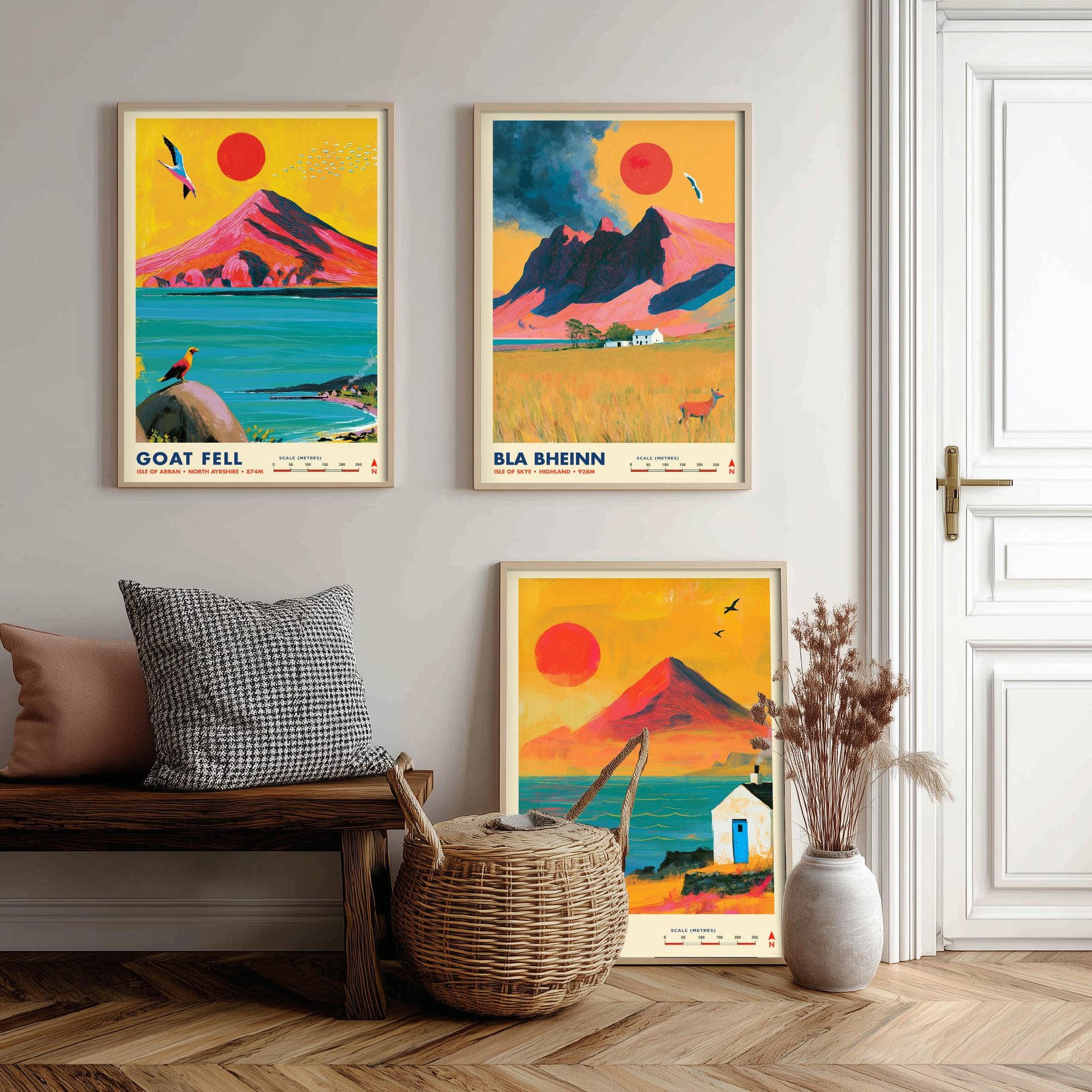Scottish Island Peaks Set of Three Travel Posters - Goat Fell, Bla Bheinn, Ben More - Vibrant Art Print Illustration Gift