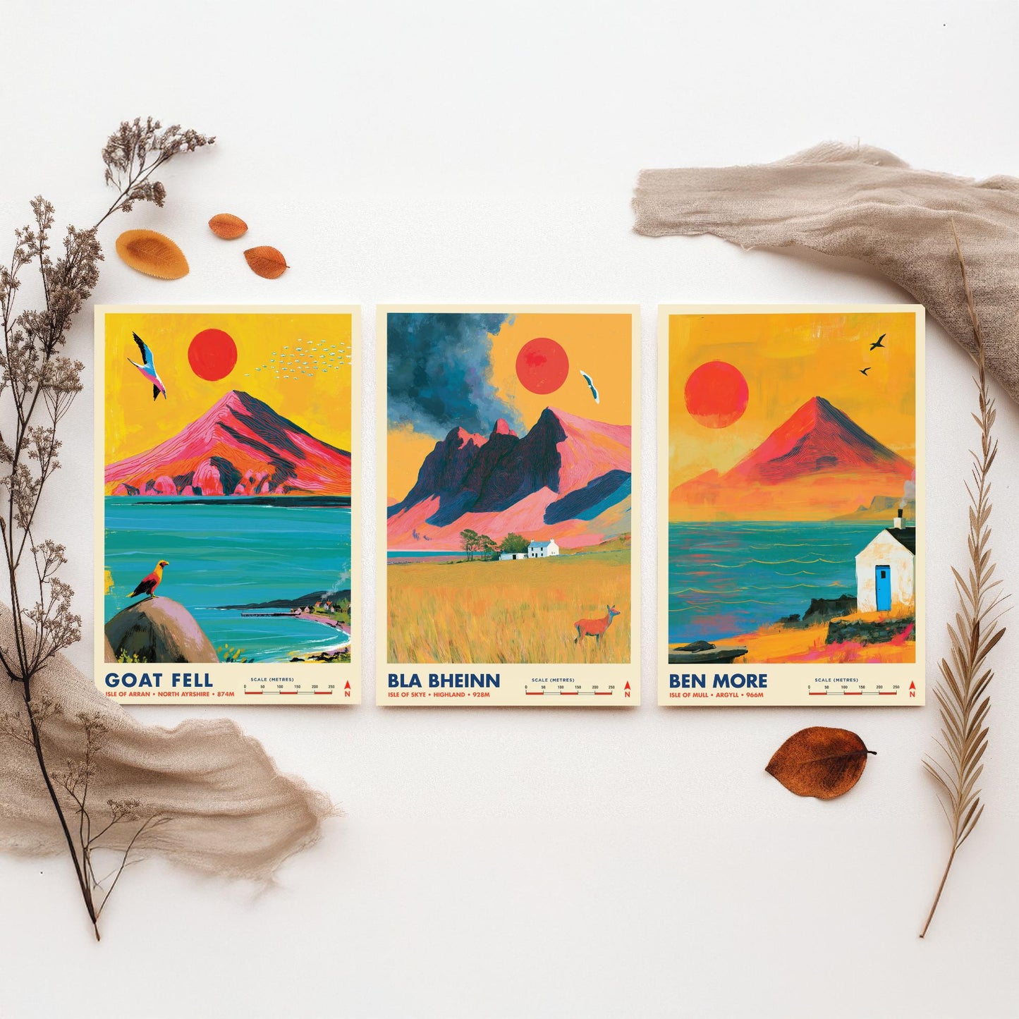Scottish Island Peaks Set of Three Travel Posters - Goat Fell, Bla Bheinn, Ben More - Vibrant Art Print Illustration Gift