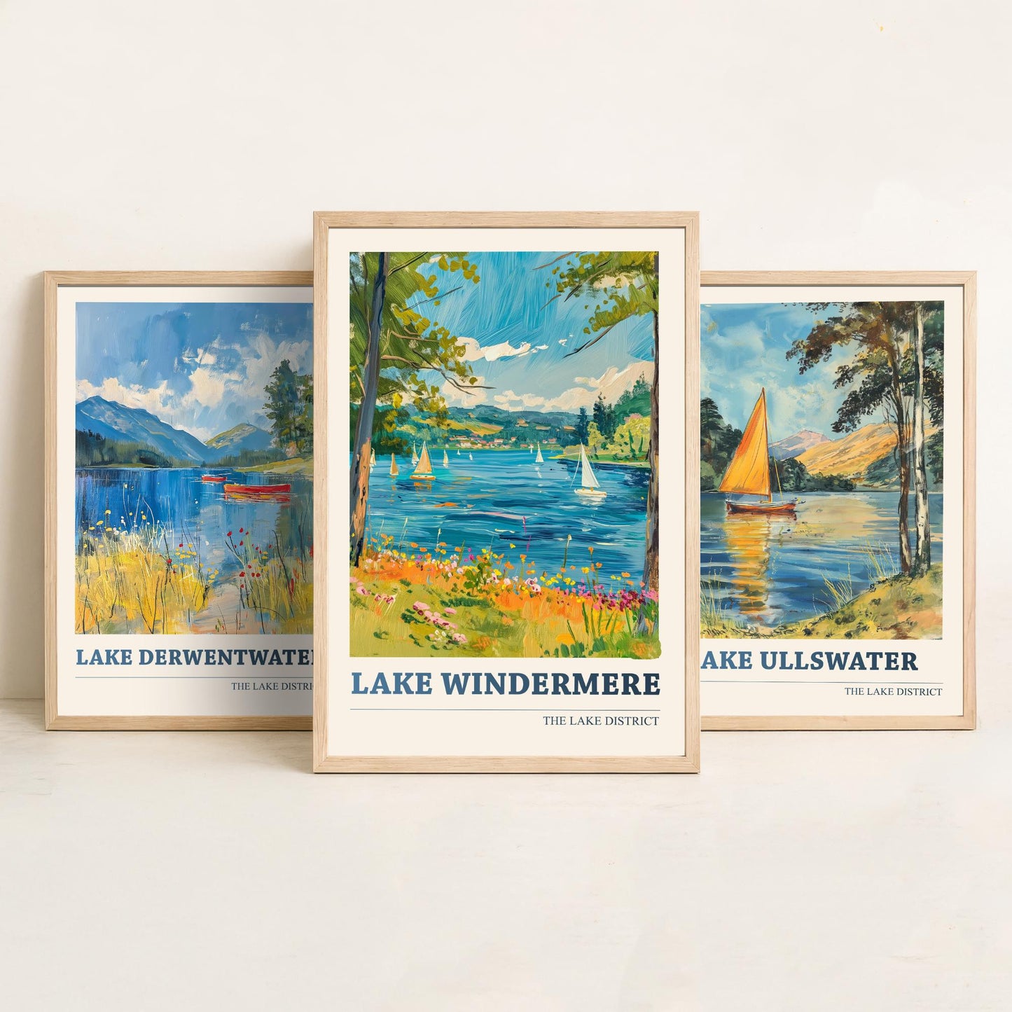 Set of Three Lake District Art Prints - Derwentwater, Ullswater, Windermere - 3 Mountain Lake Posters Oil Painting Décor Gift