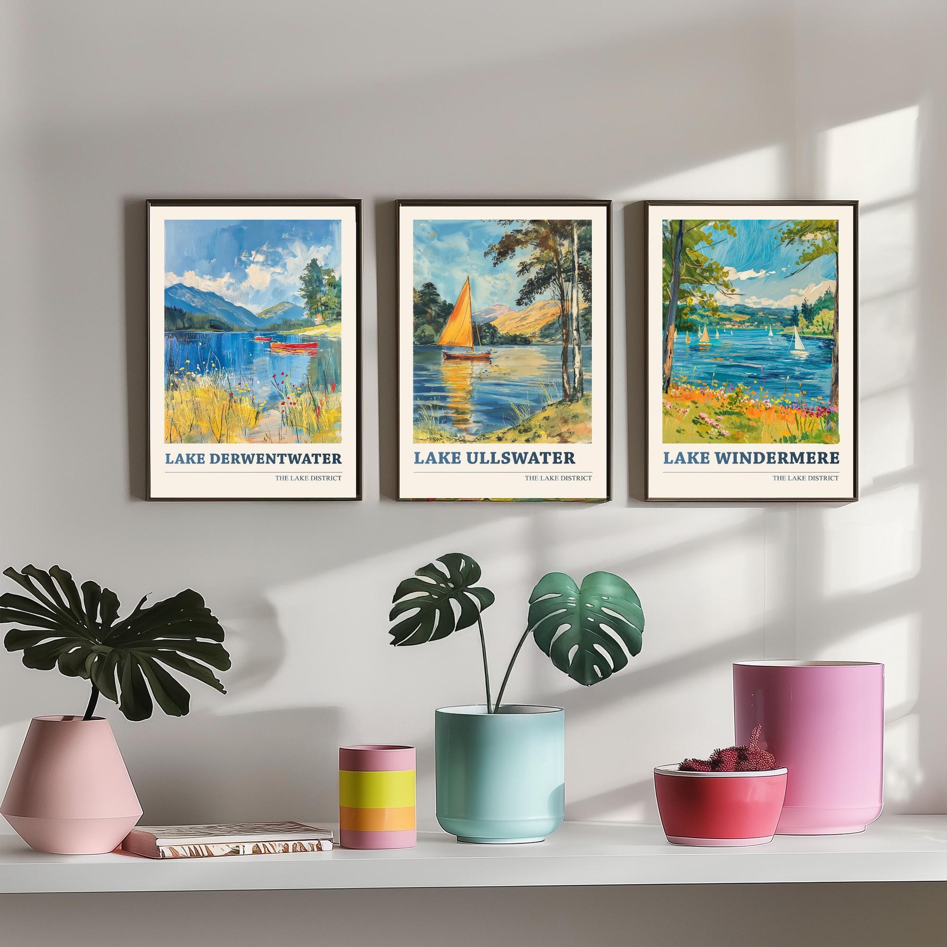 Set of Three Lake District Art Prints - Derwentwater, Ullswater, Windermere - 3 Mountain Lake Posters Oil Painting Décor Gift