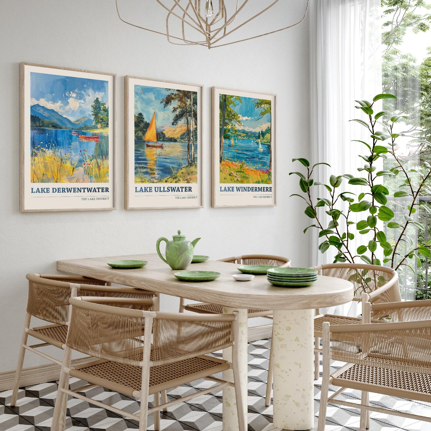 Set of Three Lake District Art Prints - Derwentwater, Ullswater, Windermere - 3 Mountain Lake Posters Oil Painting Décor Gift