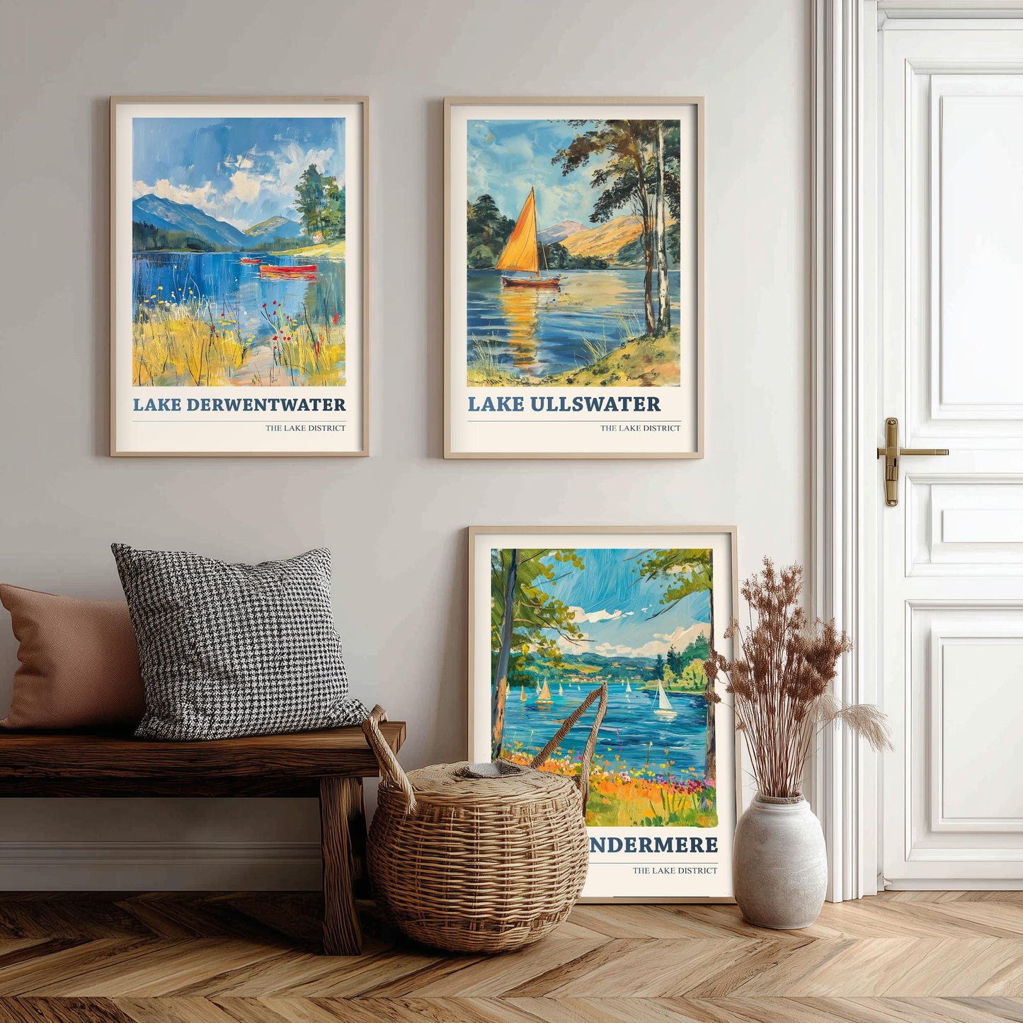 Set of Three Lake District Art Prints - Derwentwater, Ullswater, Windermere - 3 Mountain Lake Posters Oil Painting Décor Gift