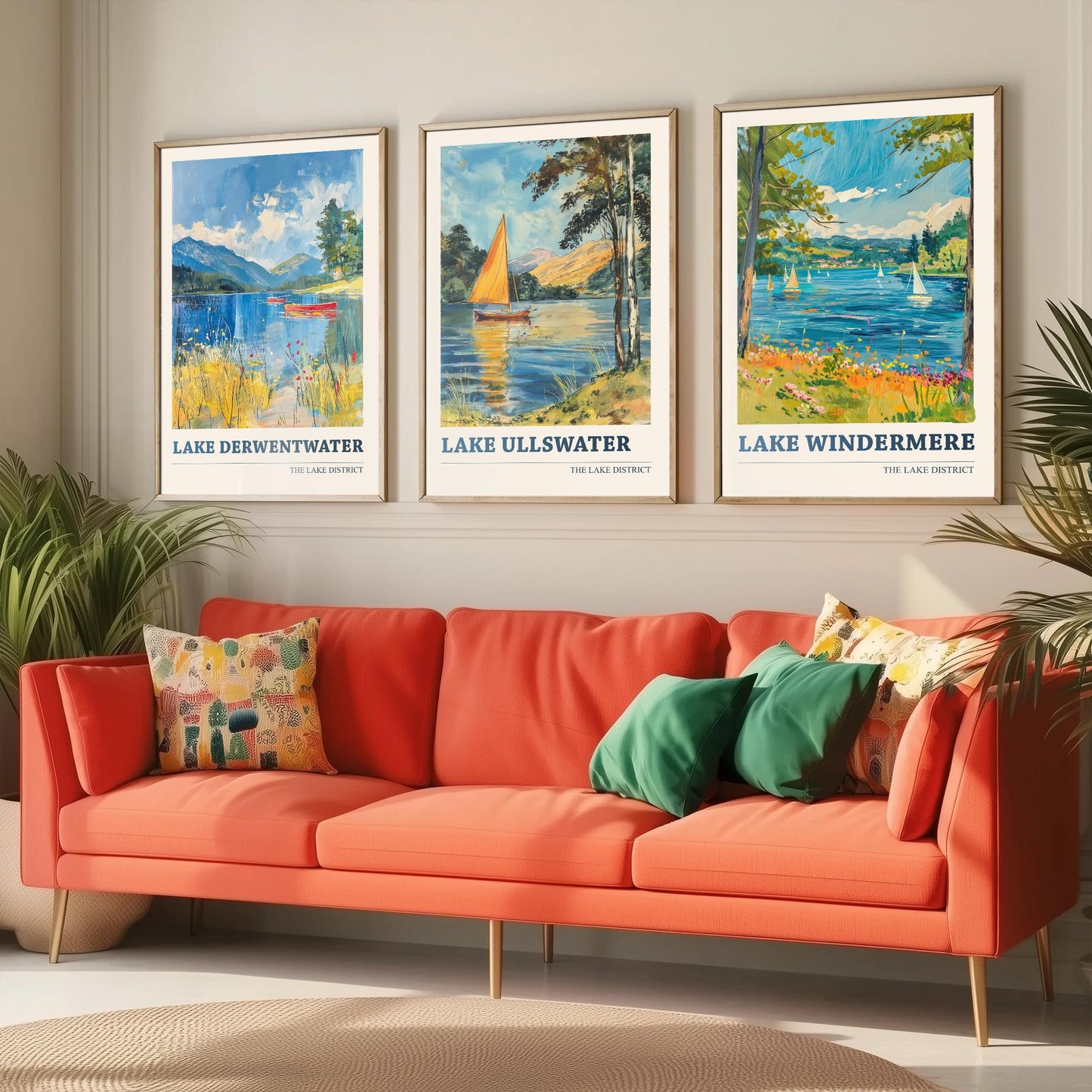 Set of Three Lake District Art Prints - Derwentwater, Ullswater, Windermere - 3 Mountain Lake Posters Oil Painting Décor Gift
