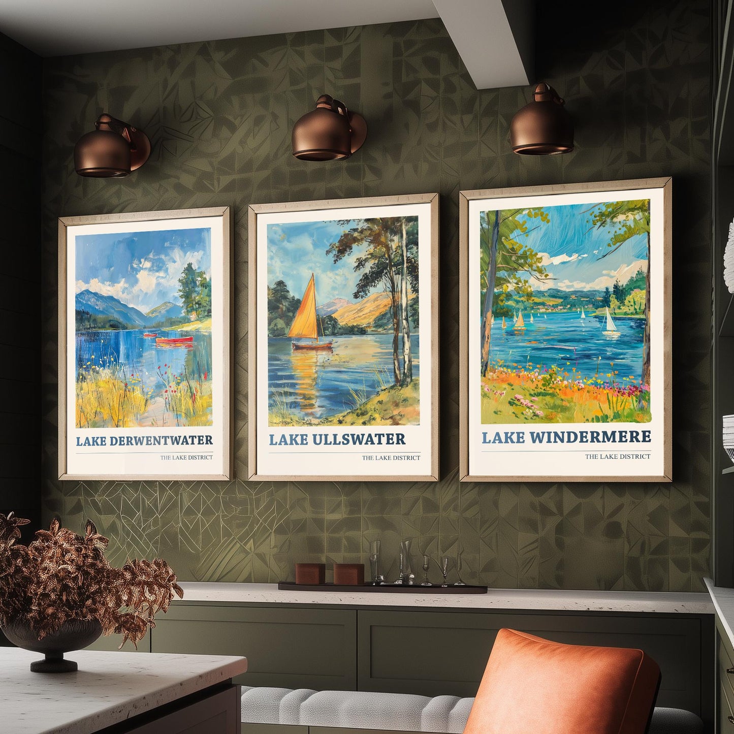 Set of Three Lake District Art Prints - Derwentwater, Ullswater, Windermere - 3 Mountain Lake Posters Oil Painting Décor Gift
