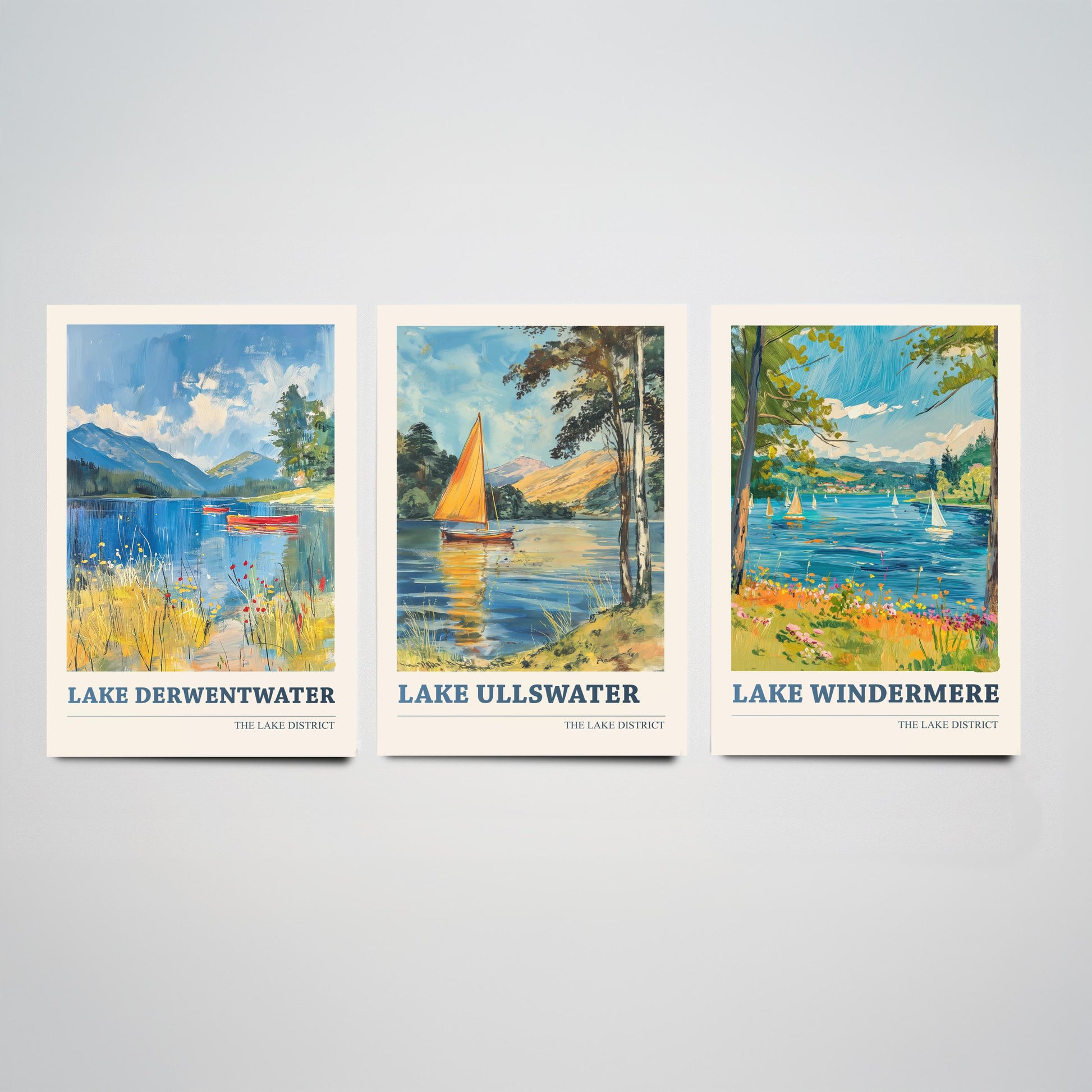 Set of Three Lake District Art Prints - Derwentwater, Ullswater, Windermere - 3 Mountain Lake Posters Oil Painting Décor Gift