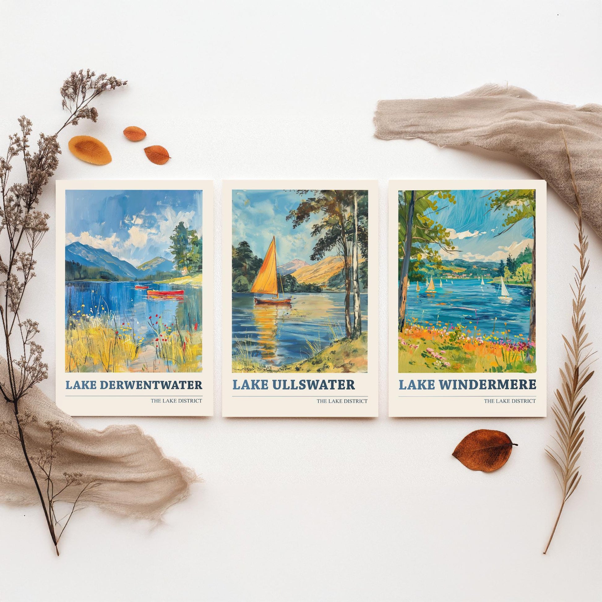 Set of Three Lake District Art Prints - Derwentwater, Ullswater, Windermere - 3 Mountain Lake Posters Oil Painting Décor Gift