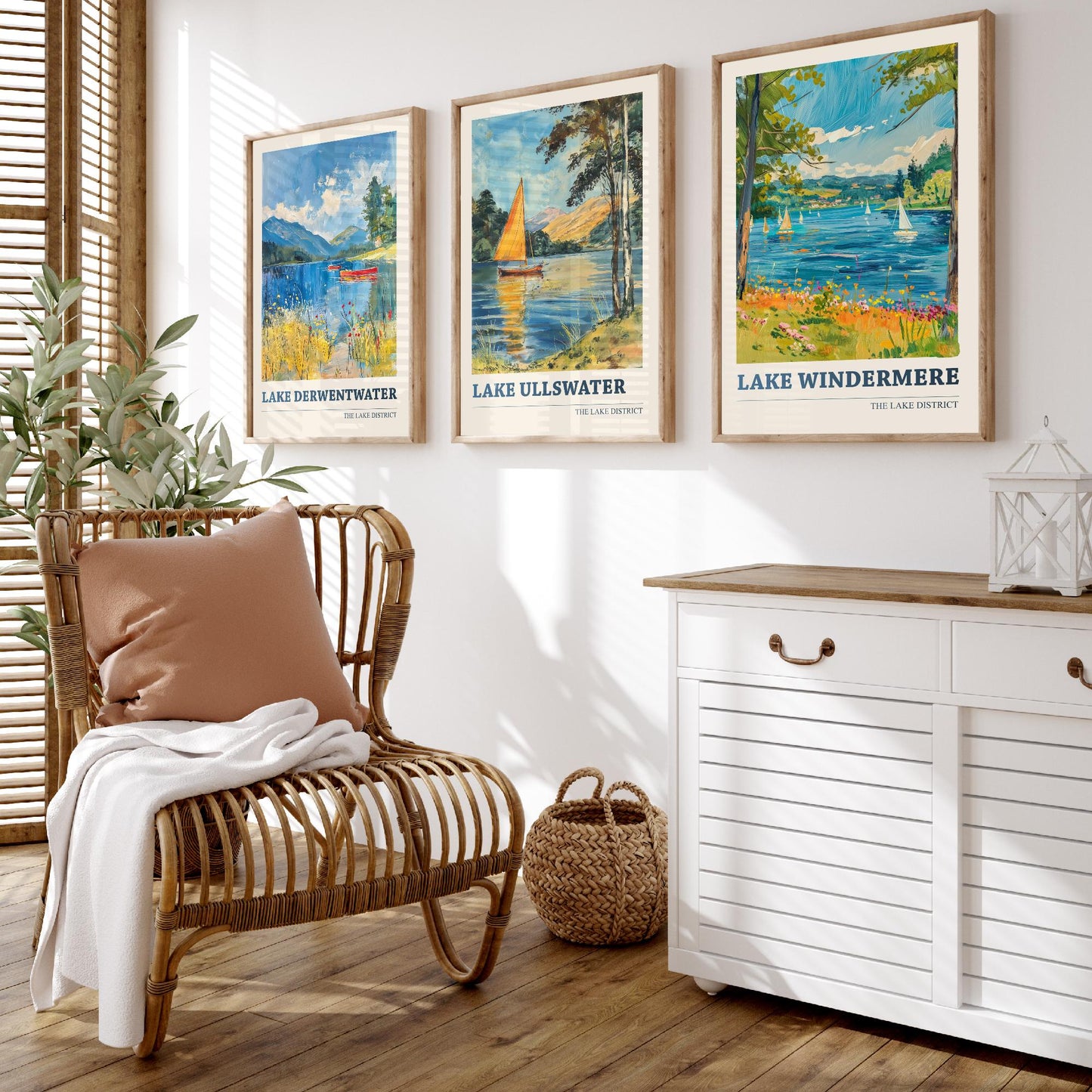 Set of Three Lake District Art Prints - Derwentwater, Ullswater, Windermere - 3 Mountain Lake Posters Oil Painting Décor Gift