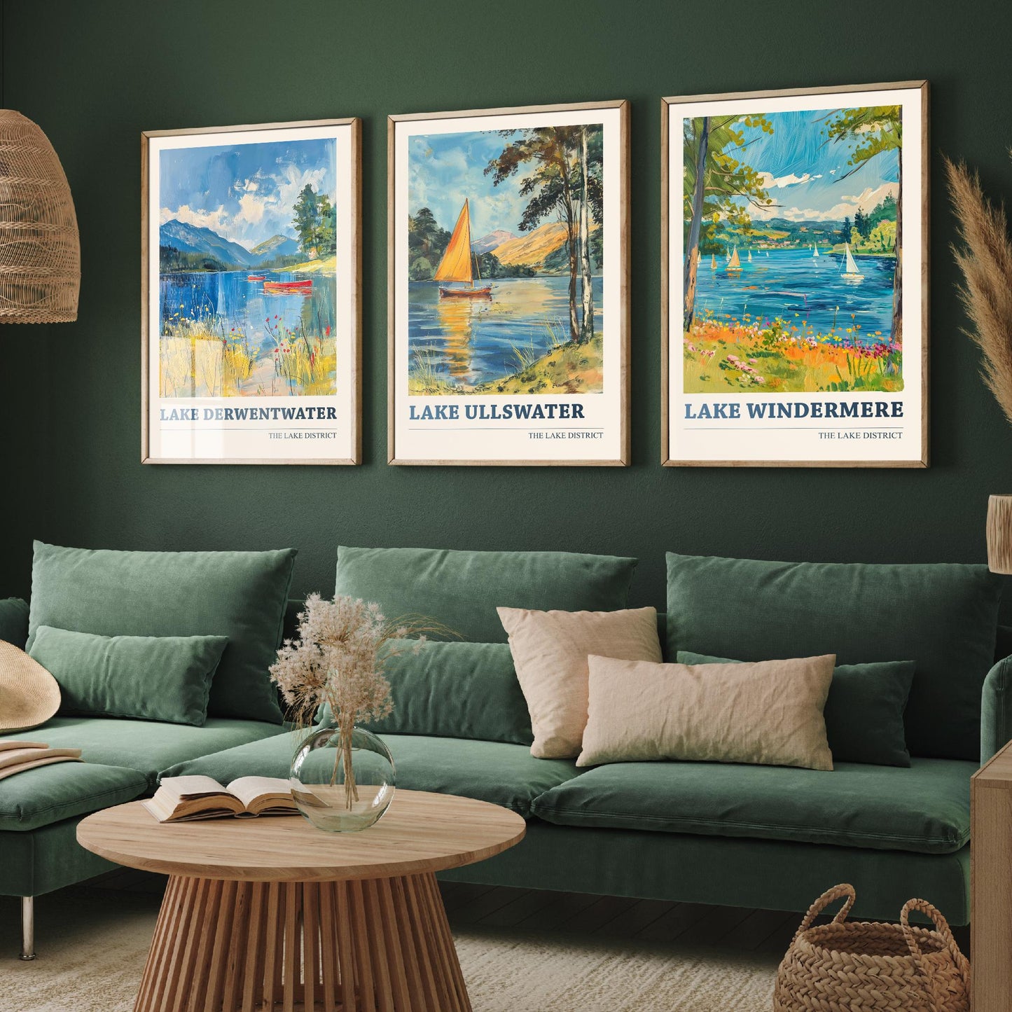 Set of Three Lake District Art Prints - Derwentwater, Ullswater, Windermere - 3 Mountain Lake Posters Oil Painting Décor Gift
