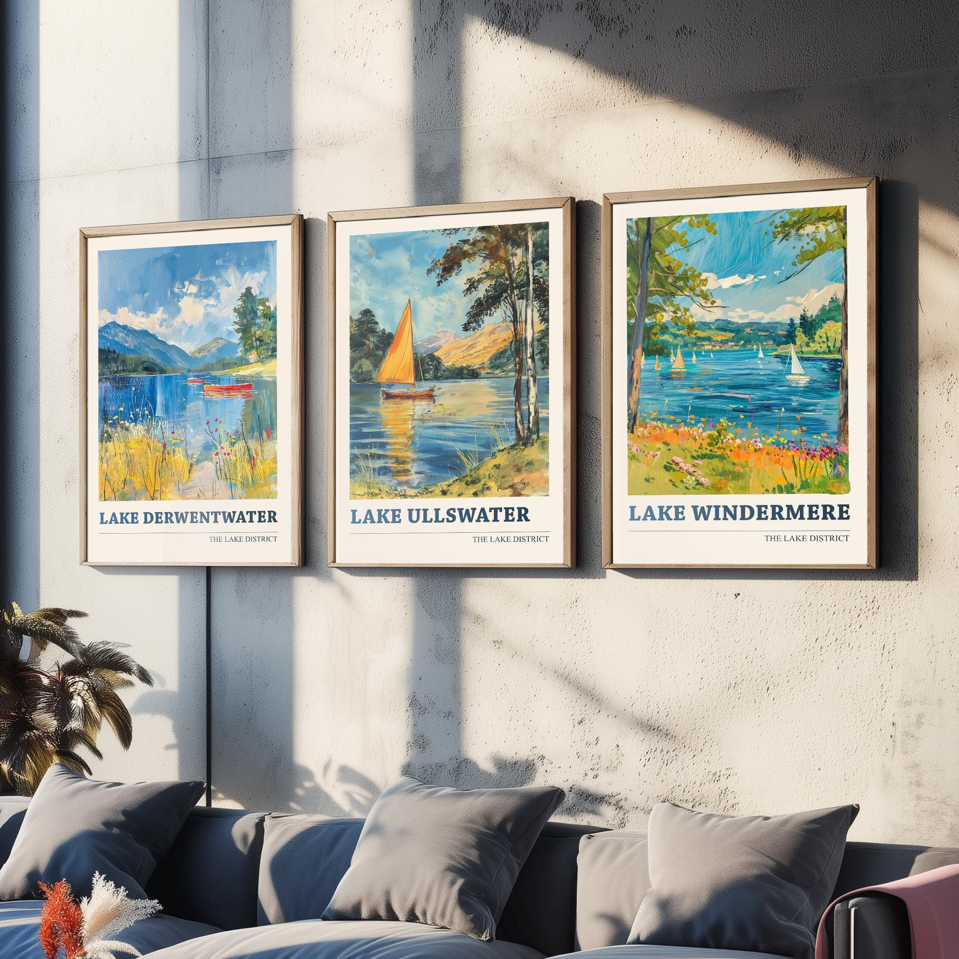 Set of Three Lake District Art Prints - Derwentwater, Ullswater, Windermere - 3 Mountain Lake Posters Oil Painting Décor Gift