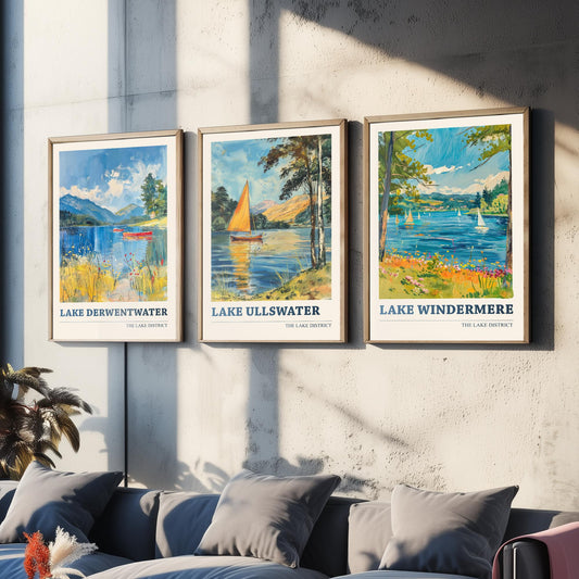 Set of Three Lake District Art Prints - Derwentwater, Ullswater, Windermere - 3 Mountain Lake Posters Oil Painting Décor Gift