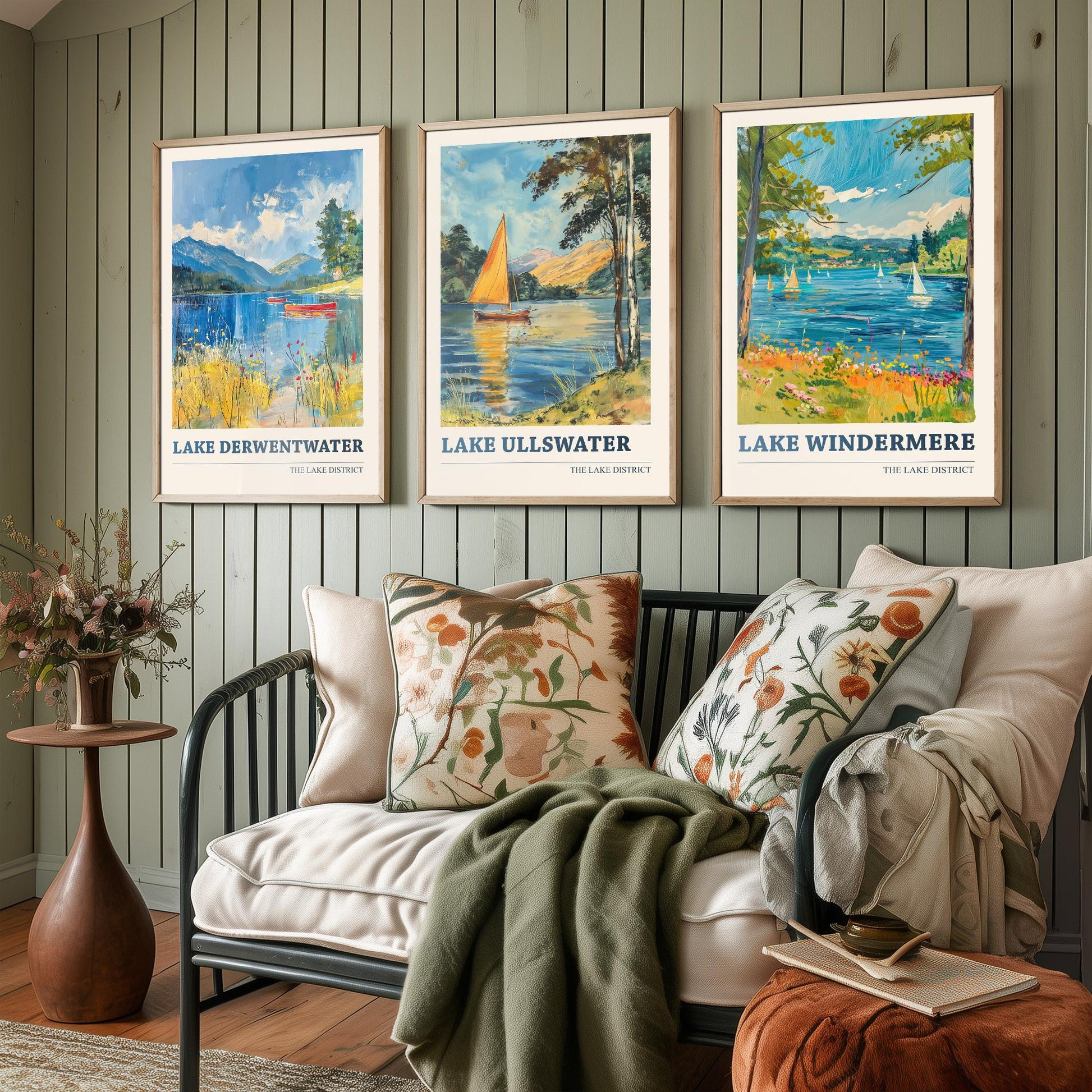 Set of Three Lake District Art Prints - Derwentwater, Ullswater, Windermere - 3 Mountain Lake Posters Oil Painting Décor Gift