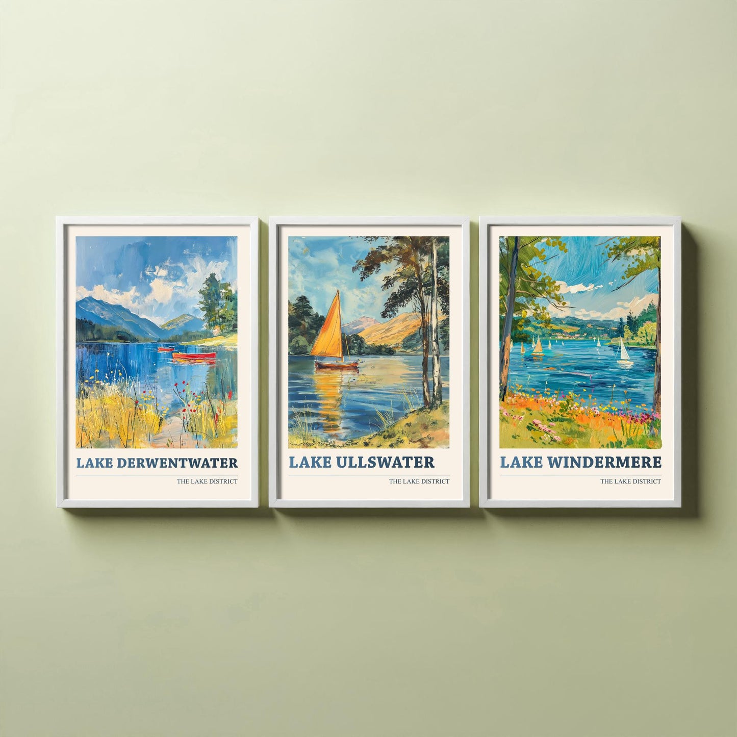 Set of Three Lake District Art Prints - Derwentwater, Ullswater, Windermere - 3 Mountain Lake Posters Oil Painting Décor Gift
