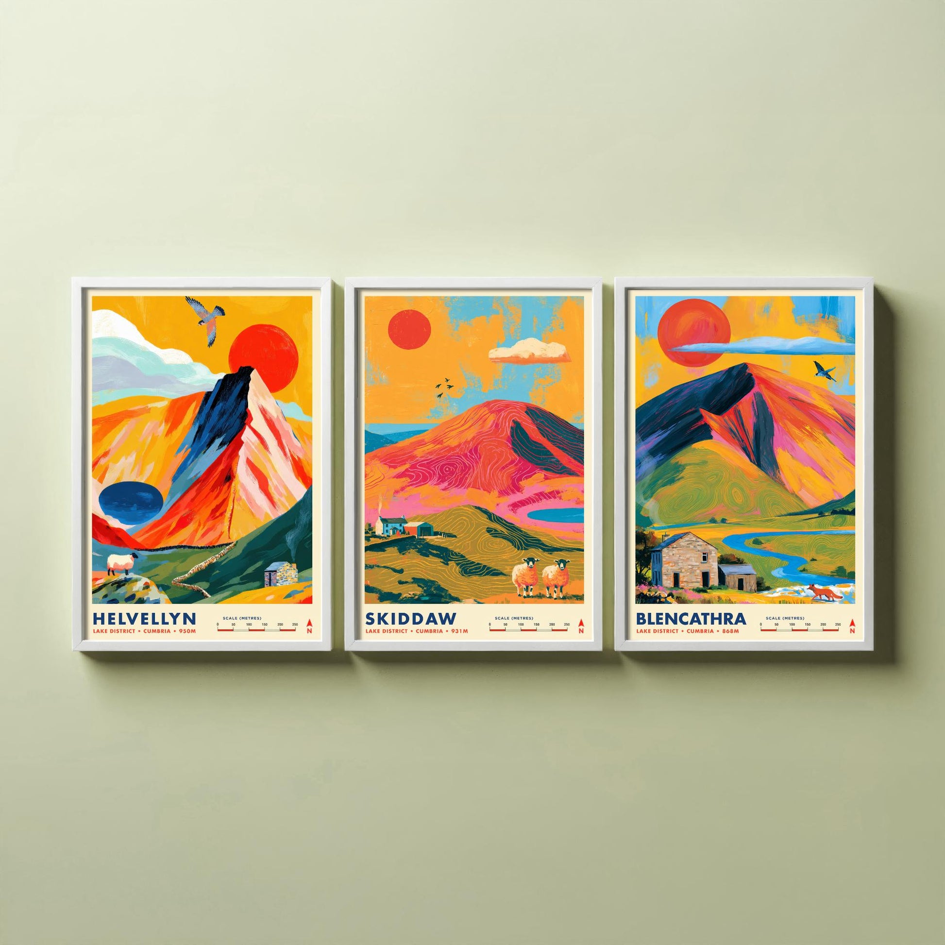 Lake District Set of Three Travel Posters - Helvellyn, Skiddaw, Blencathra - Vibrant Cumbria Art Print Illustration Gift