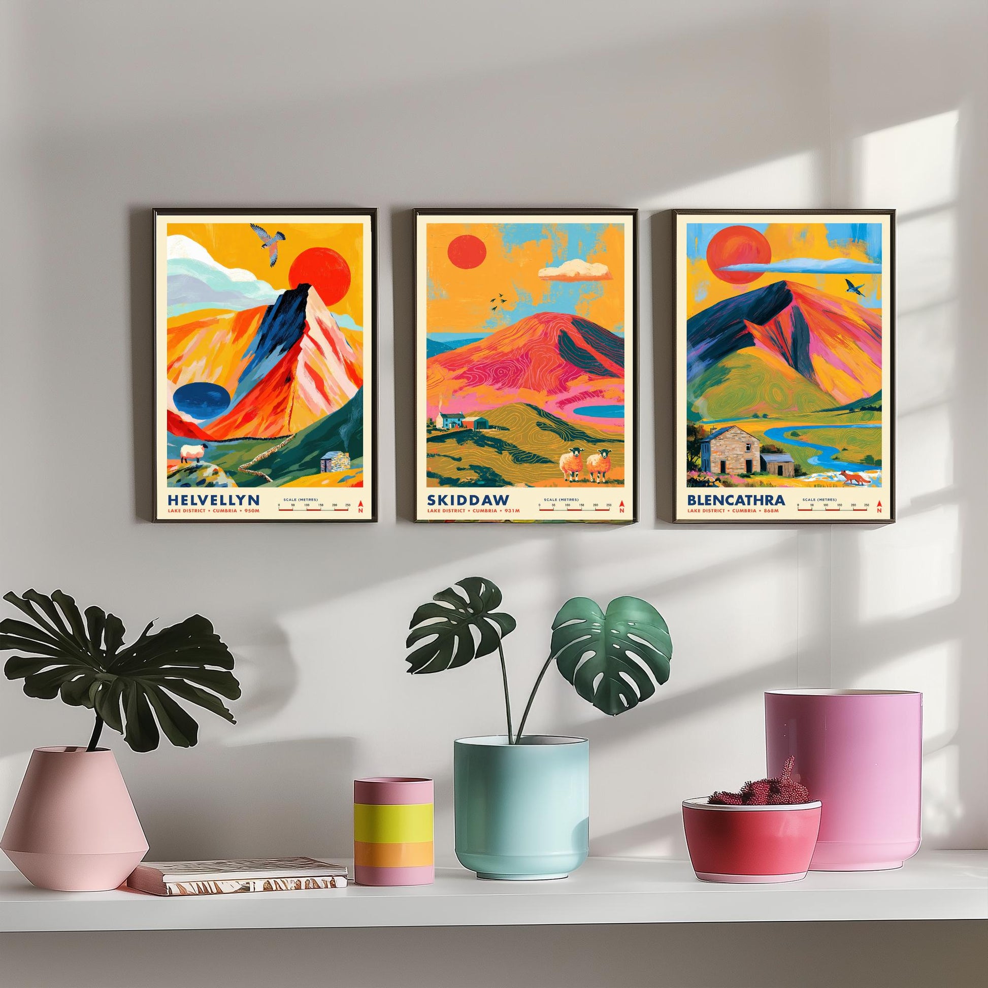 Lake District Set of Three Travel Posters - Helvellyn, Skiddaw, Blencathra - Vibrant Cumbria Art Print Illustration Gift