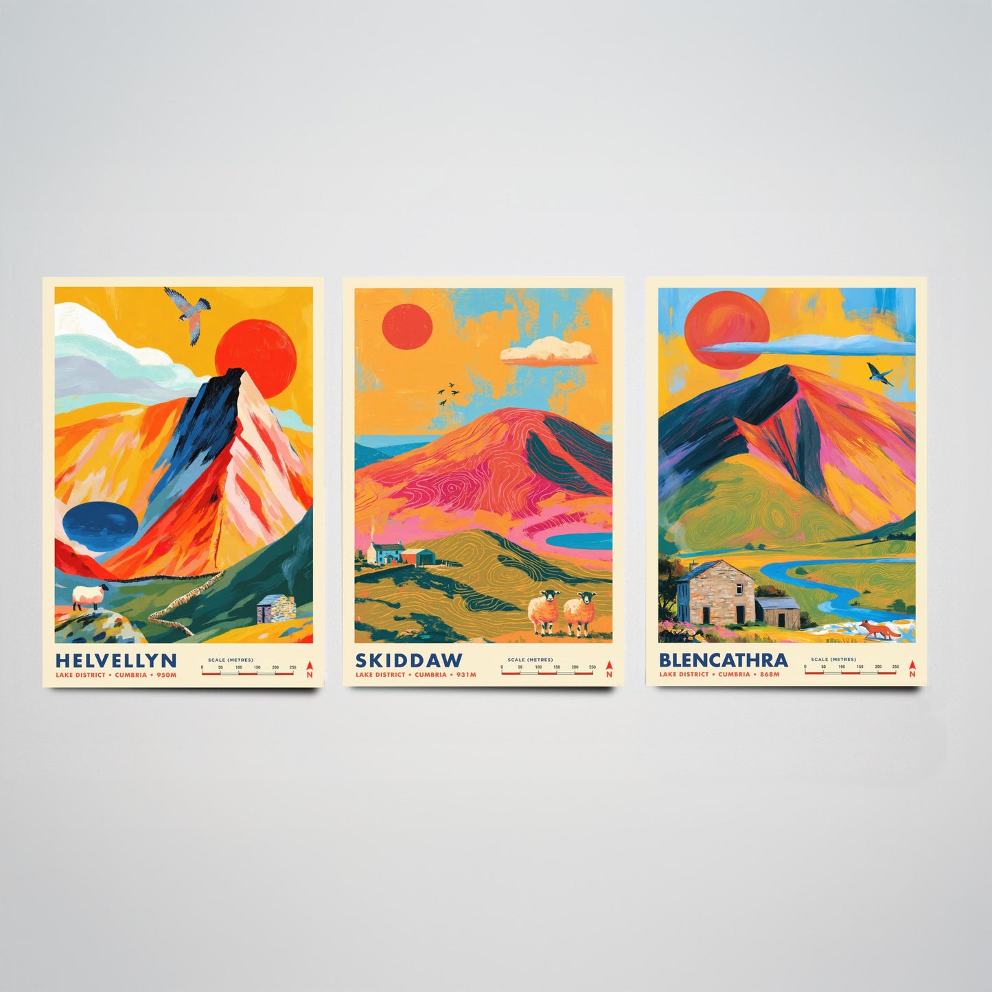 Lake District Set of Three Travel Posters - Helvellyn, Skiddaw, Blencathra - Vibrant Cumbria Art Print Illustration Gift
