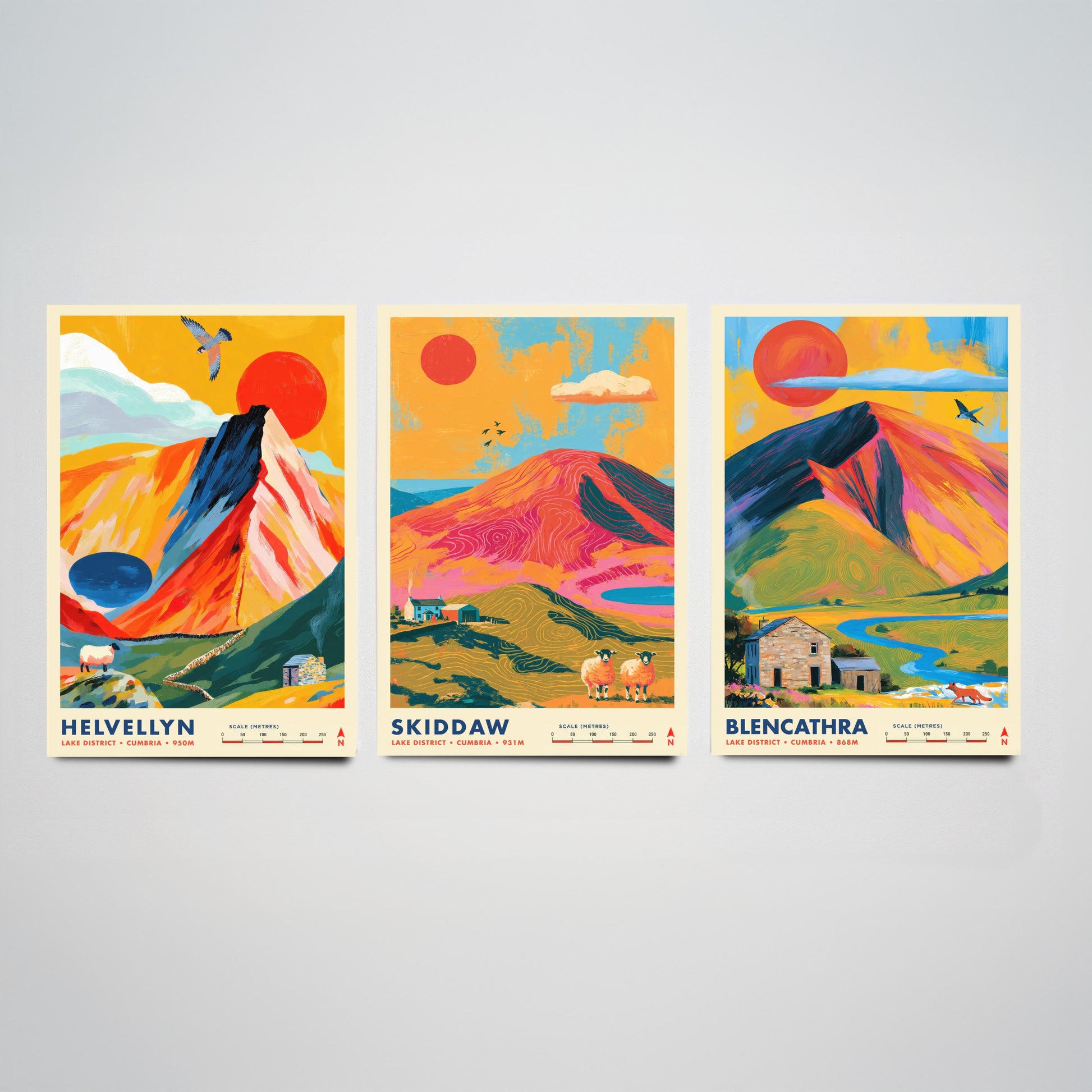 Lake District Set of Three Travel Posters - Helvellyn, Skiddaw, Blencathra - Vibrant Cumbria Art Print Illustration Gift