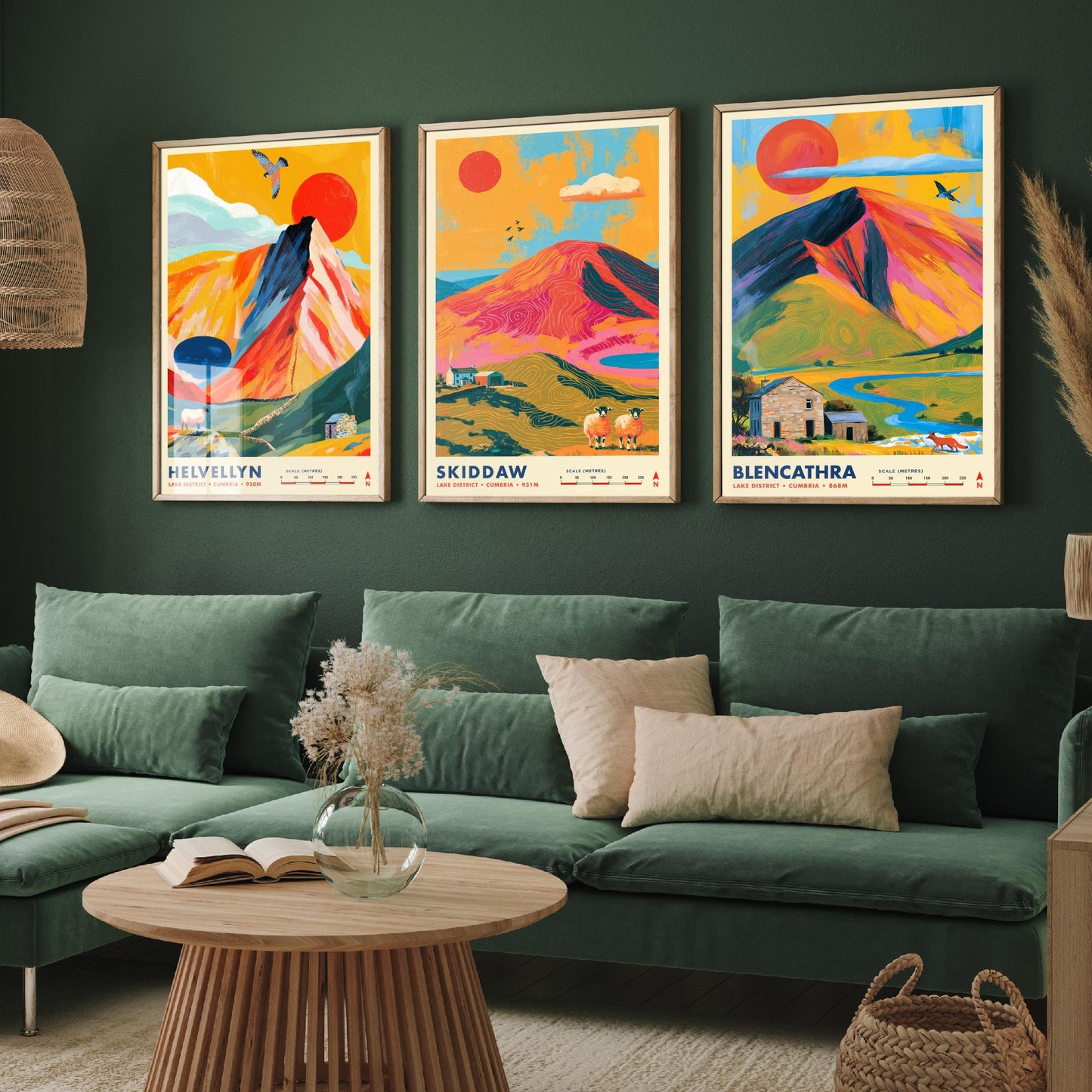 Lake District Set of Three Travel Posters - Helvellyn, Skiddaw, Blencathra - Vibrant Cumbria Art Print Illustration Gift
