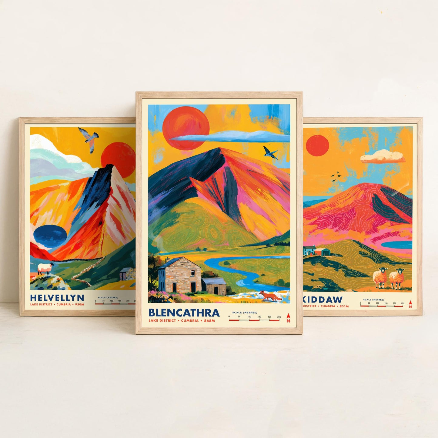 Lake District Set of Three Travel Posters - Helvellyn, Skiddaw, Blencathra - Vibrant Cumbria Art Print Illustration Gift