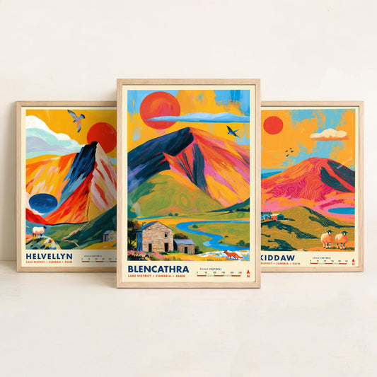 Lake District Set of Three Travel Posters - Helvellyn, Skiddaw, Blencathra - Vibrant Cumbria Art Print Illustration Gift