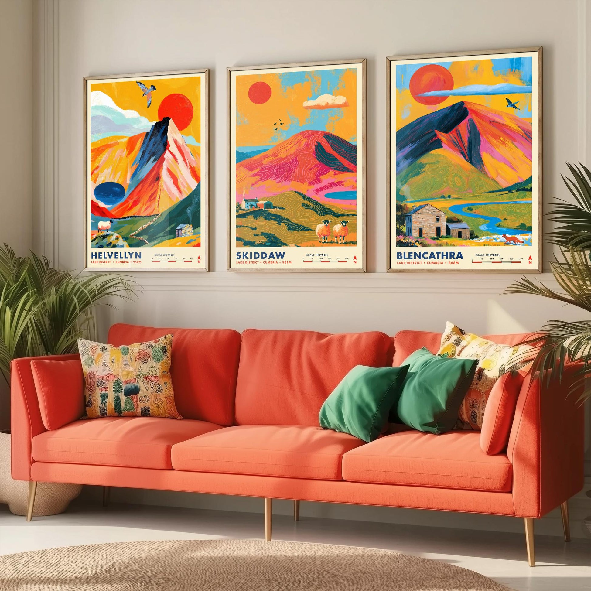 Lake District Set of Three Travel Posters - Helvellyn, Skiddaw, Blencathra - Vibrant Cumbria Art Print Illustration Gift