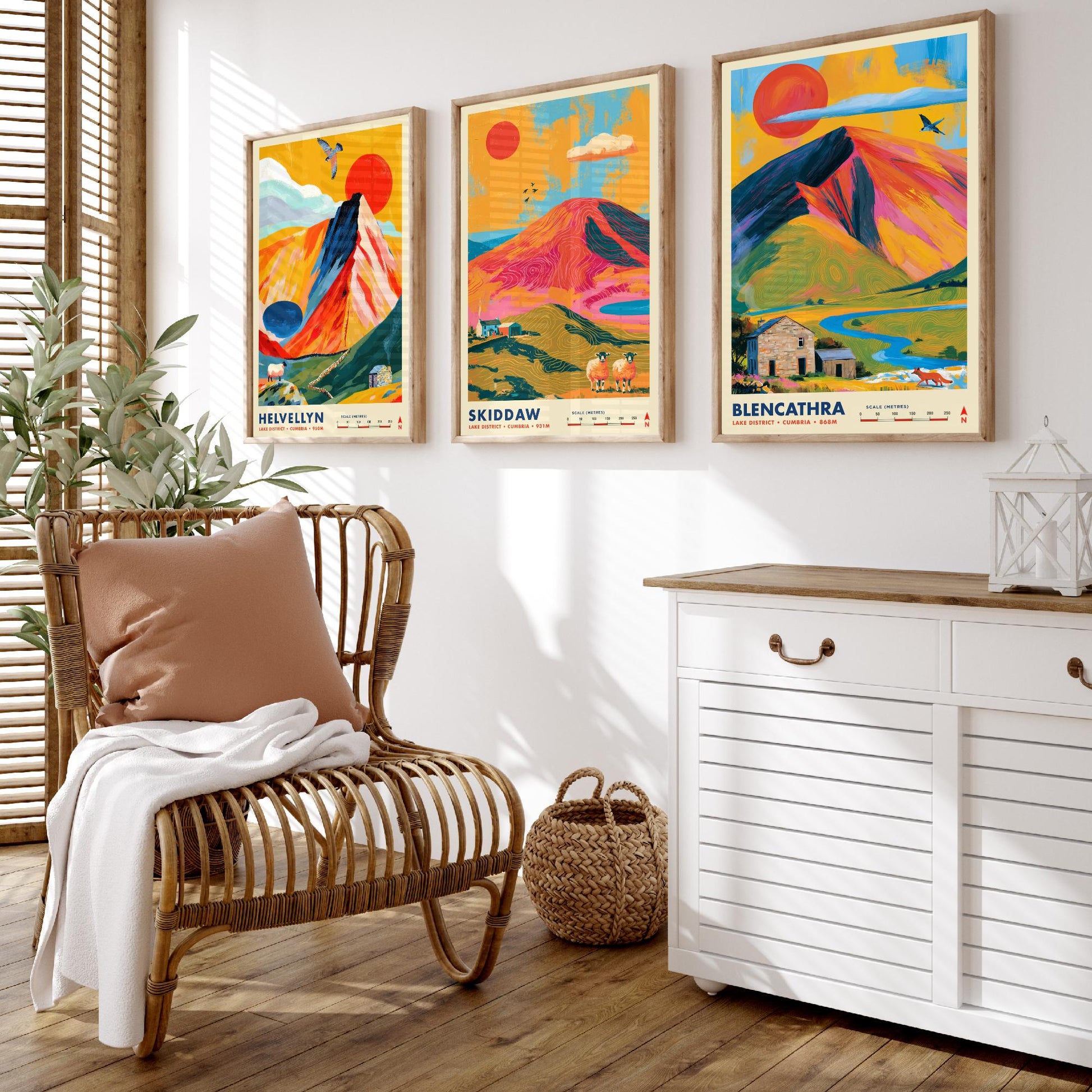 Lake District Set of Three Travel Posters - Helvellyn, Skiddaw, Blencathra - Vibrant Cumbria Art Print Illustration Gift