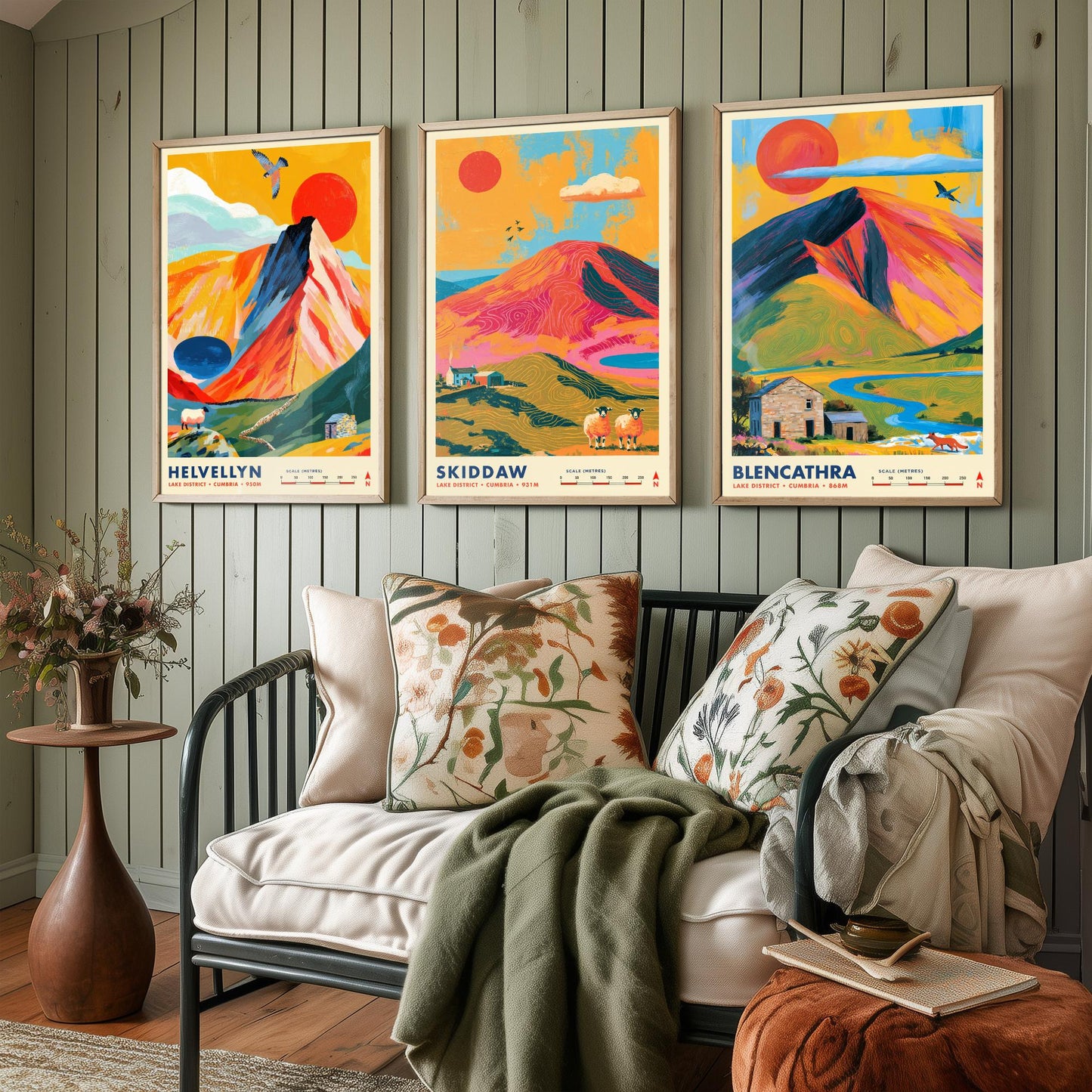 Lake District Set of Three Travel Posters - Helvellyn, Skiddaw, Blencathra - Vibrant Cumbria Art Print Illustration Gift