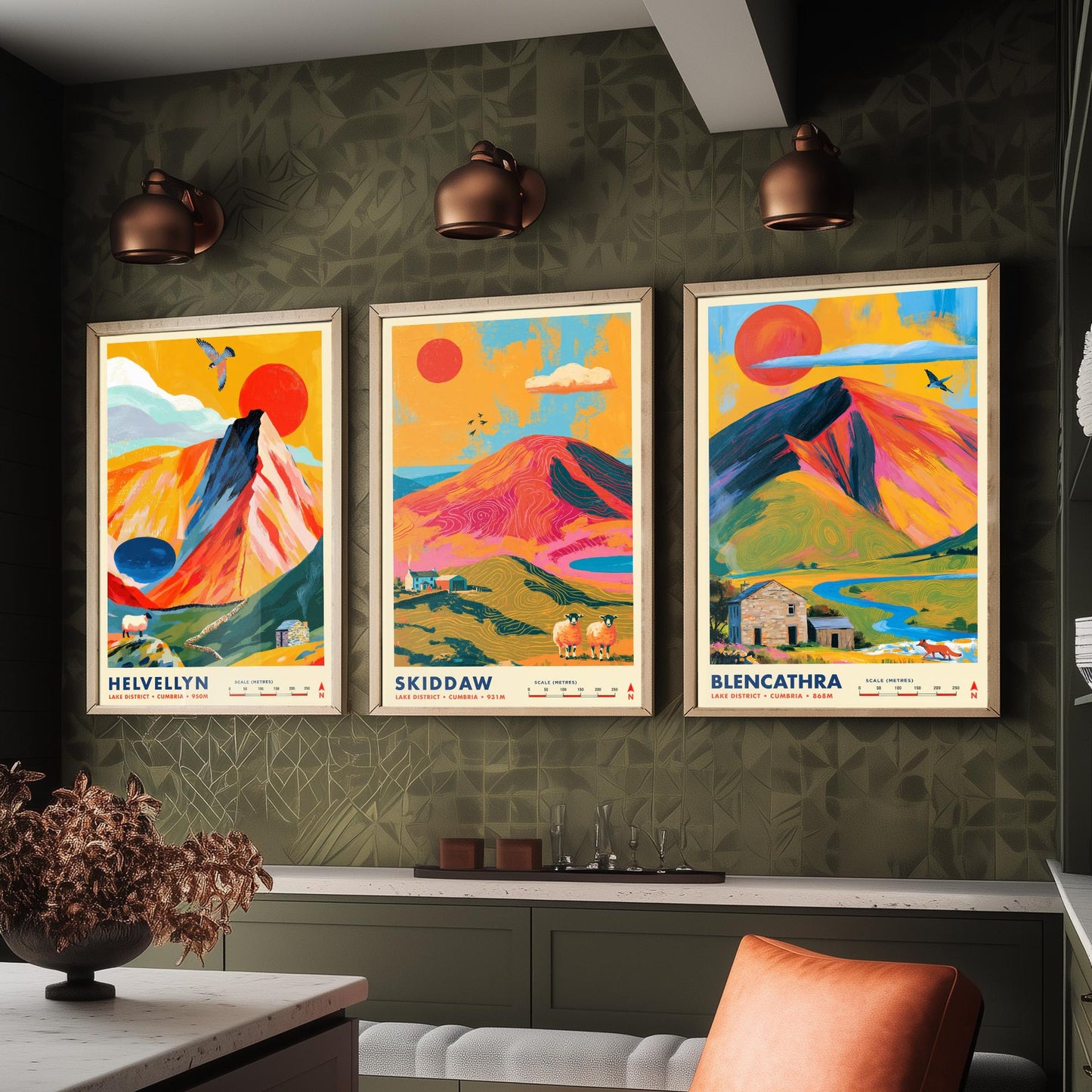 Lake District Set of Three Travel Posters - Helvellyn, Skiddaw, Blencathra - Vibrant Cumbria Art Print Illustration Gift