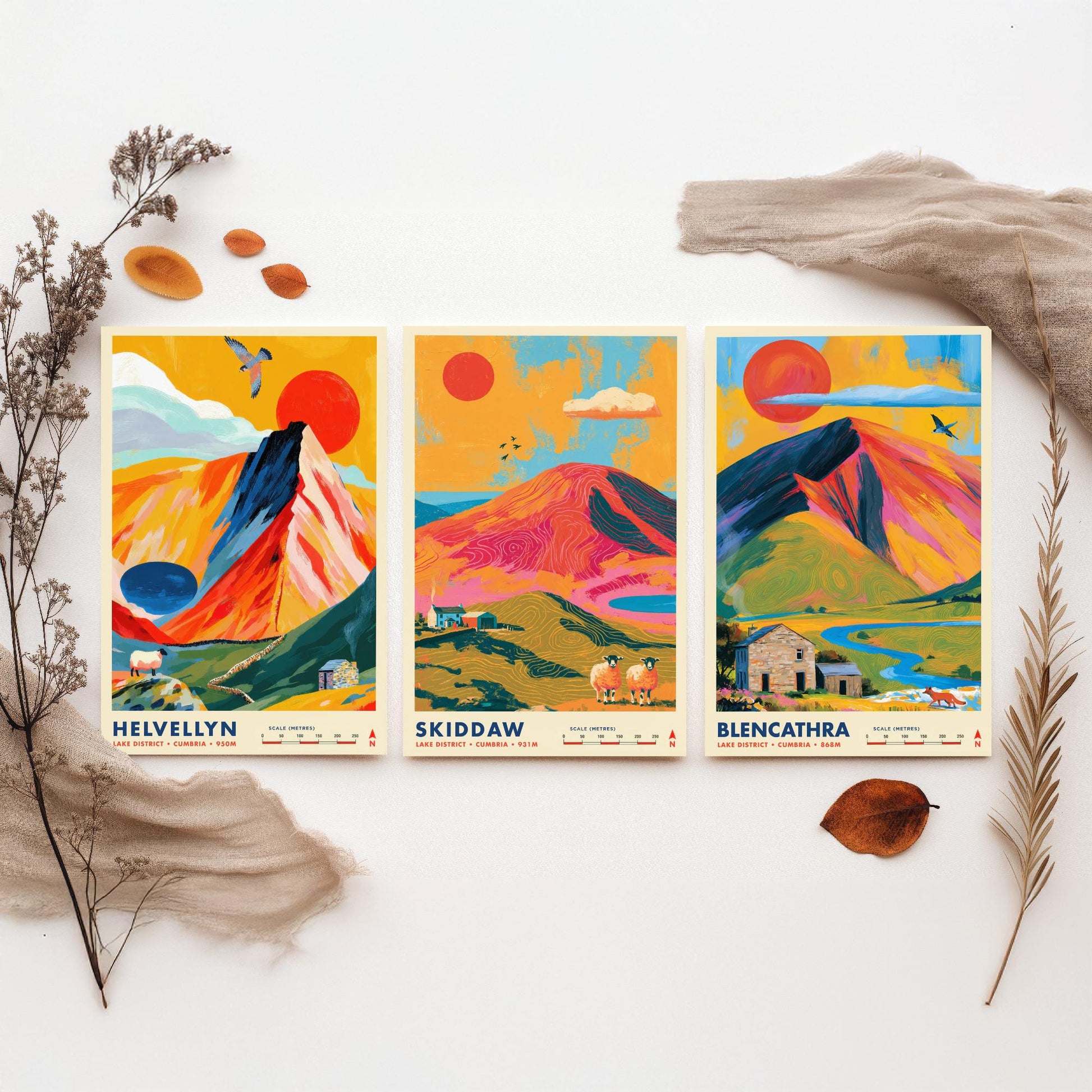 Lake District Set of Three Travel Posters - Helvellyn, Skiddaw, Blencathra - Vibrant Cumbria Art Print Illustration Gift