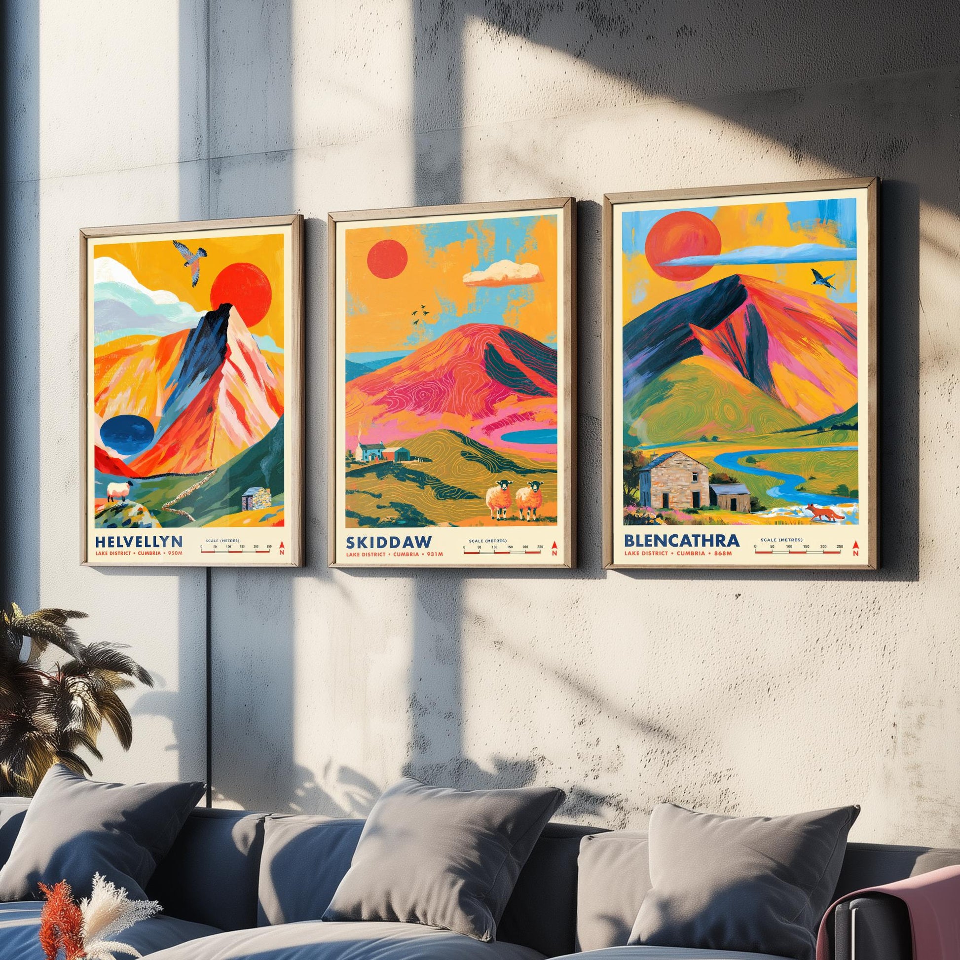 Lake District Set of Three Travel Posters - Helvellyn, Skiddaw, Blencathra - Vibrant Cumbria Art Print Illustration Gift