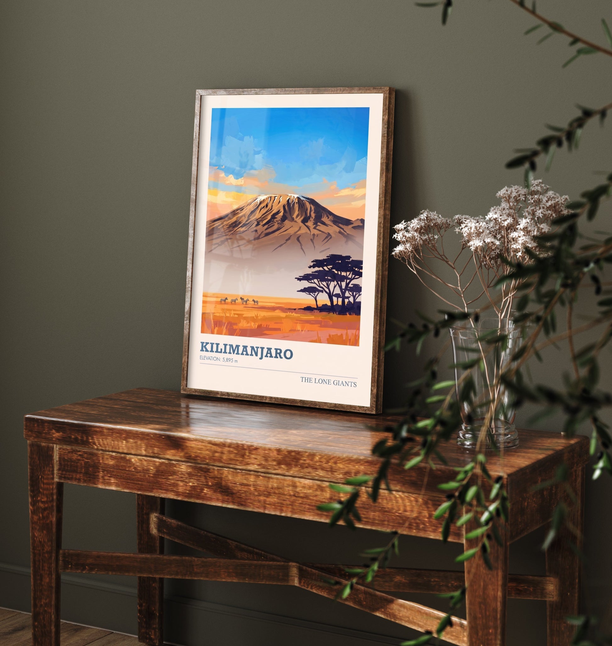 Kilimanjaro Art Print - Tanzania Savanna Sunset Illustration - African Mountain Travel Poster with Elevation 1/3